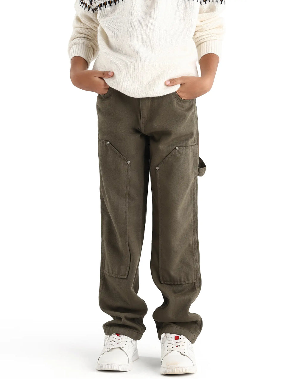 Rare Ones Kids Arvi-K Green Cotton Button And Zip Carpenter Fit Denim Pant