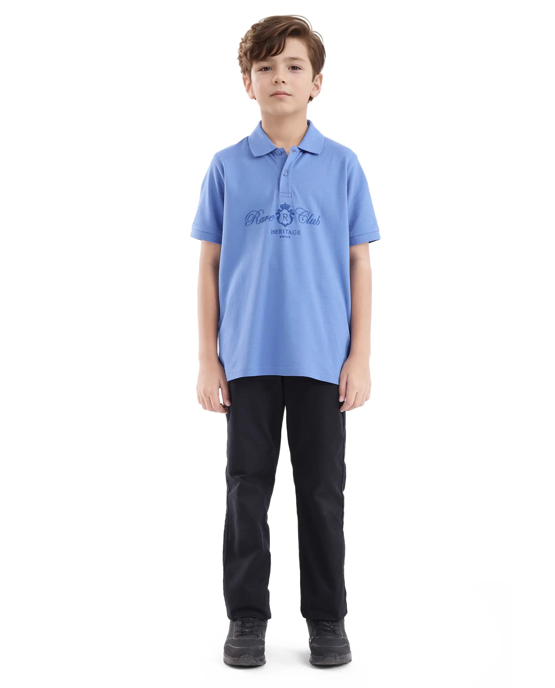 Rare Ones Kids Aimo Dark Blue Cotton Short Sleeve Collared Neck Hd Print Polo