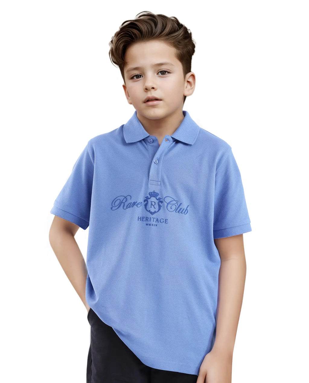 Rare Ones Kids Aimo Dark Blue Cotton Short Sleeve Collared Neck Hd Print Polo