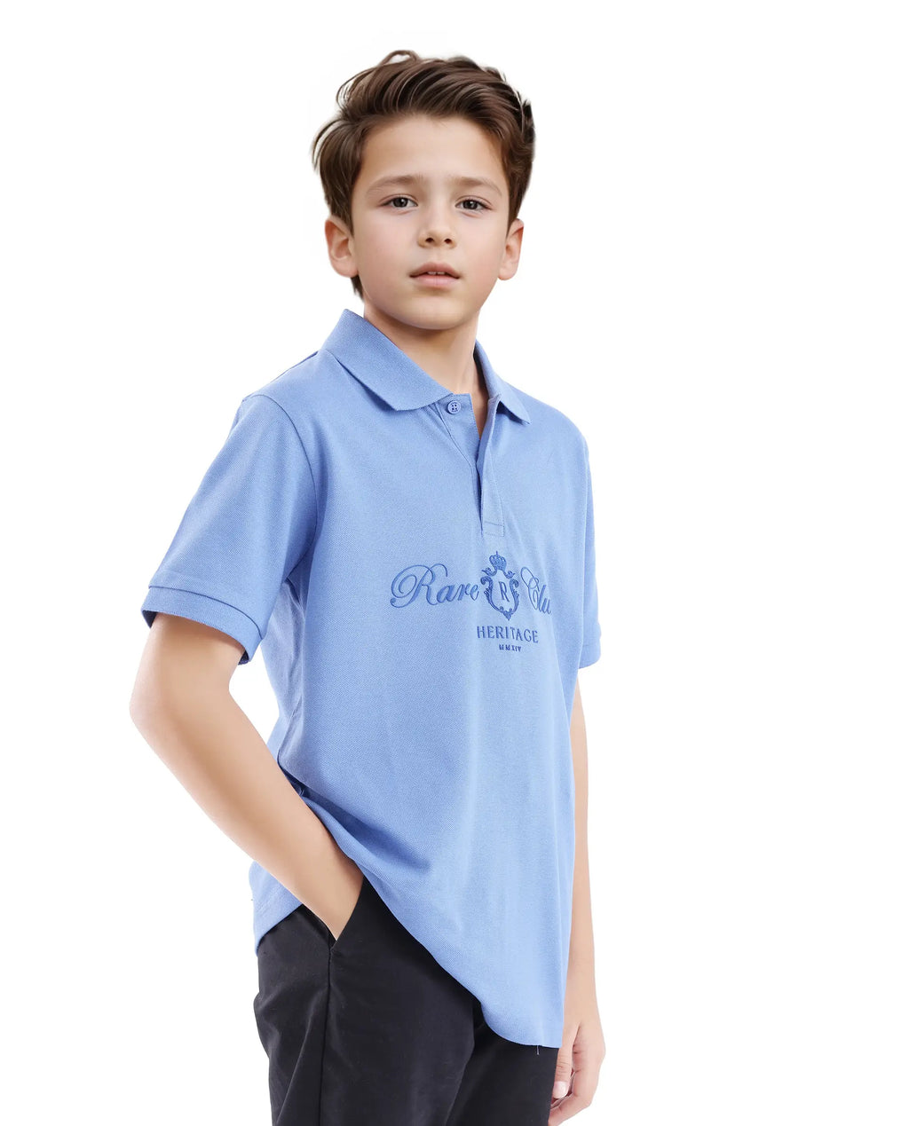 Rare Ones Kids Aimo Dark Blue Cotton Short Sleeve Collared Neck Hd Print Polo