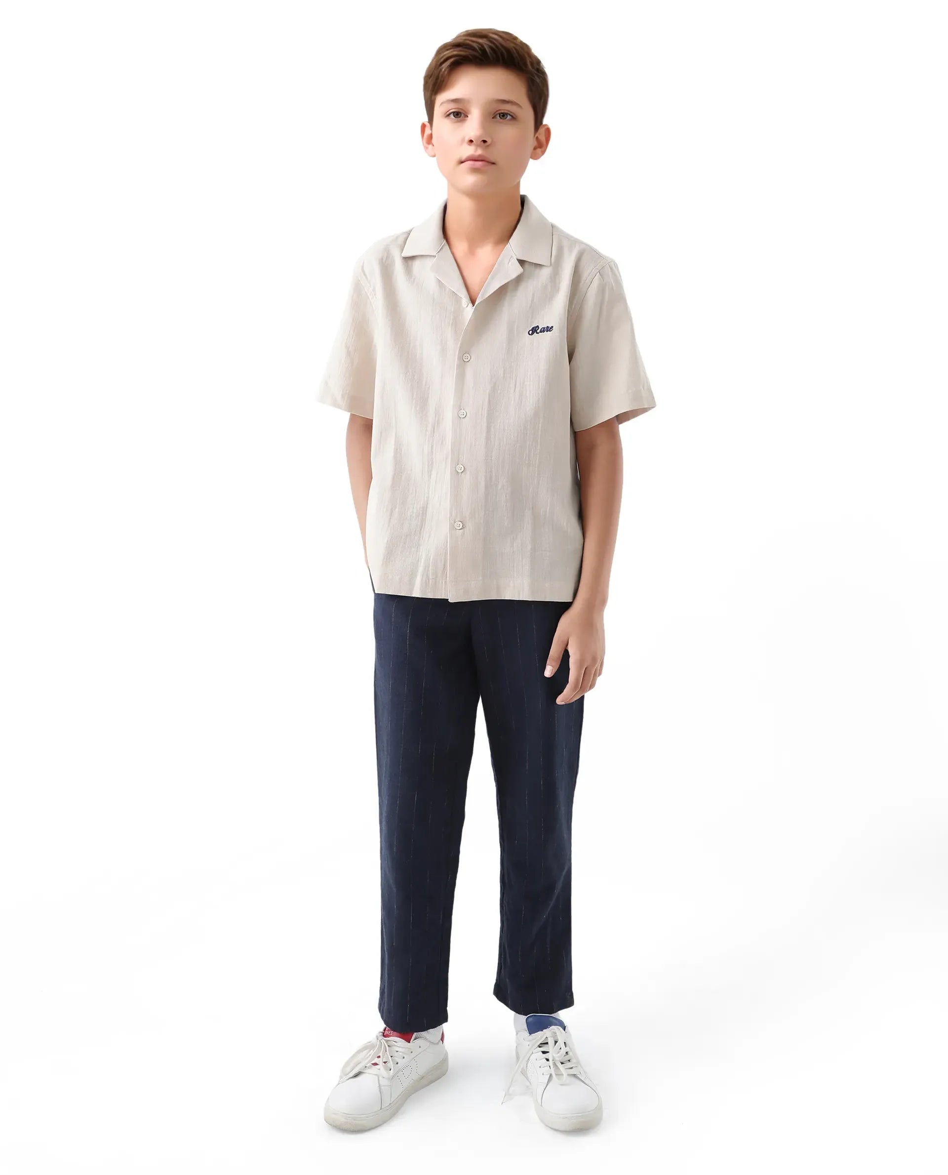 Rare Ones Kids Alma Beige Cotton Half Sleeve Button Solid Regular Fit Shirt