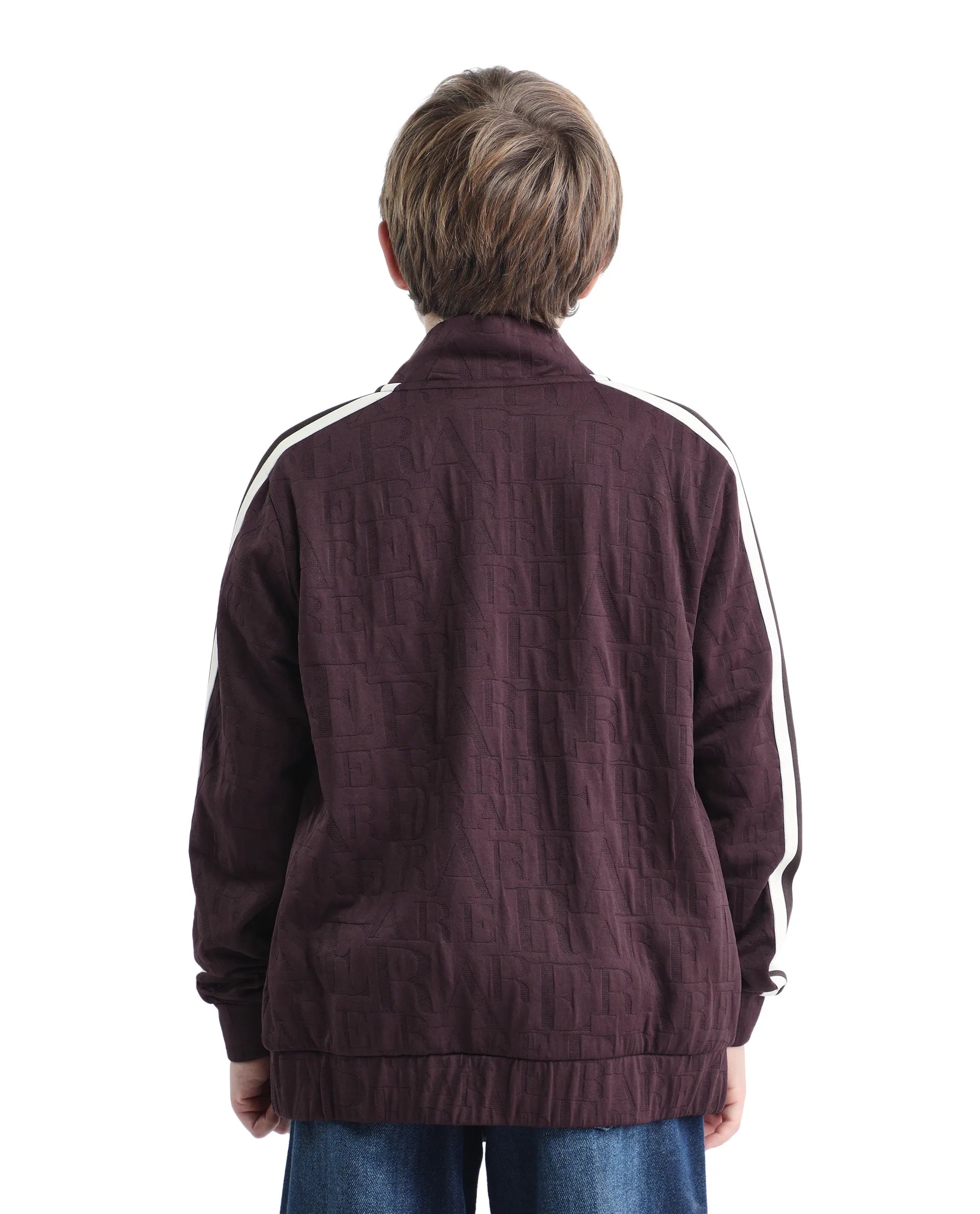 Rare Ones Kids Amni Brown Polyester Blend Zipper Closure High Neck Jacquard Full Sleeves Regular Fit Jacket
