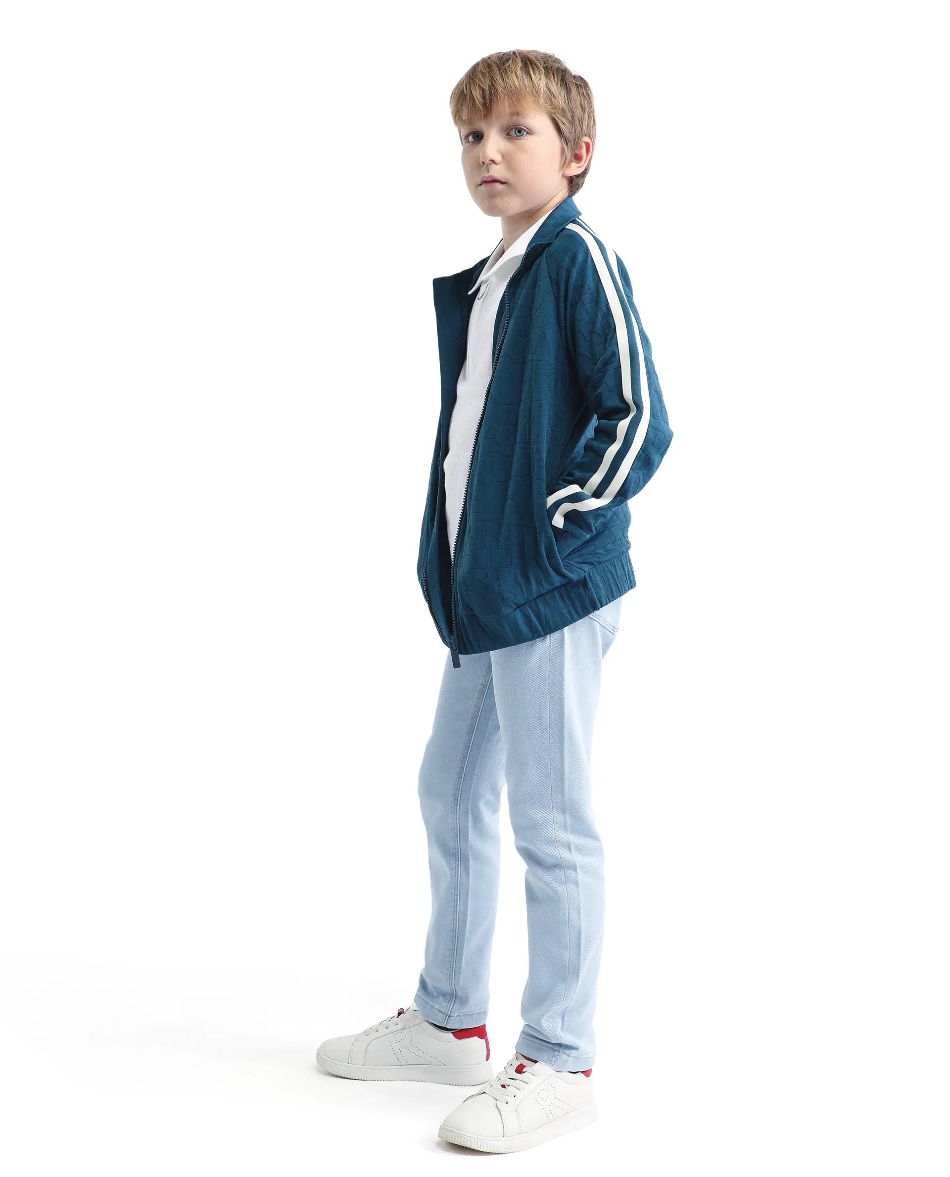 Rare Ones Kids Amni Teal Polyester Blend Zipper Closure High Neck Jacquard Full Sleeves Regular Fit Jacket
