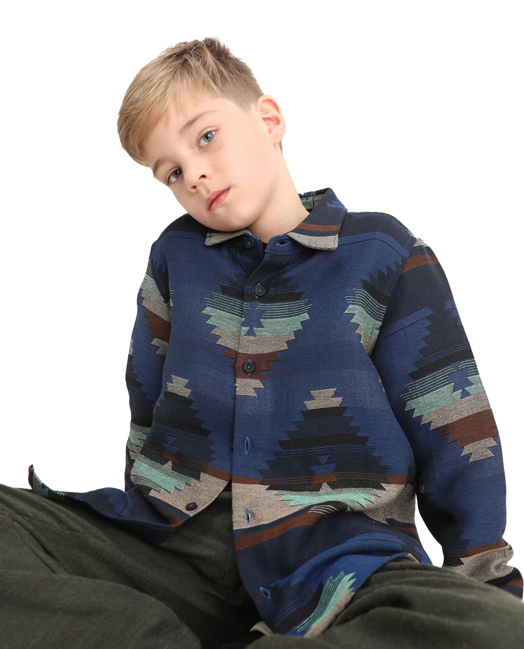Rare Ones Kids Azlo-K Blue Cotton Blend Button Closure Spread Collar Jacquard Full Sleeves Oversized Fit Shirt