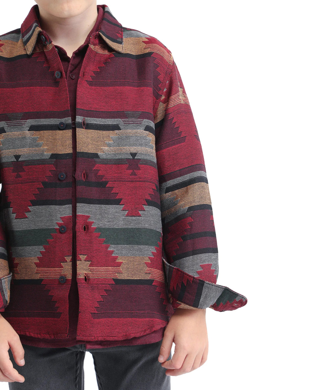 Rare Ones Kids Azlo-K Red Cotton Blend Button Closure Spread Collar Jacquard Full Sleeves Regular Fit Shirt