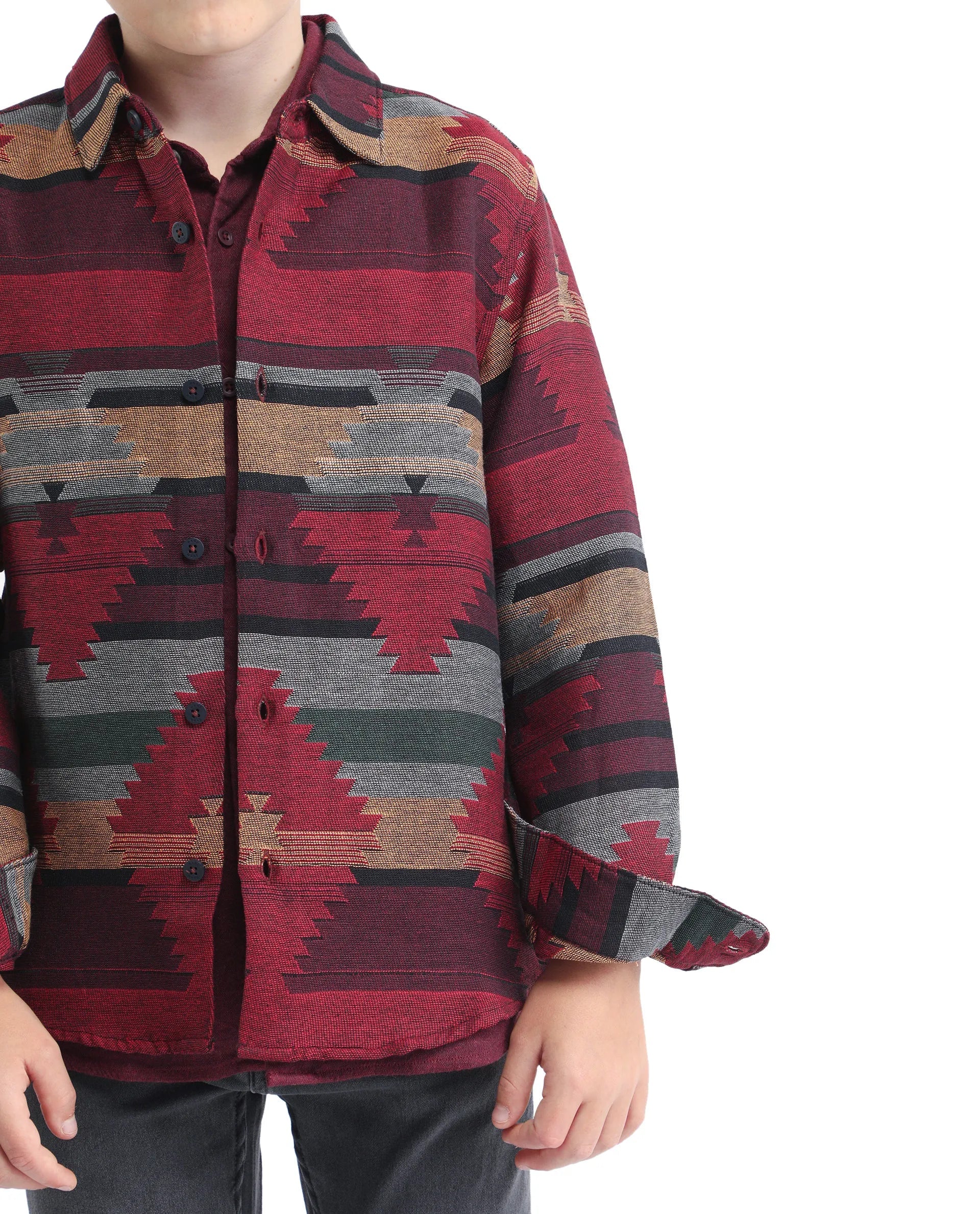 Rare Ones Kids Azlo-K Red Cotton Blend Button Closure Spread Collar Jacquard Full Sleeves Regular Fit Shirt