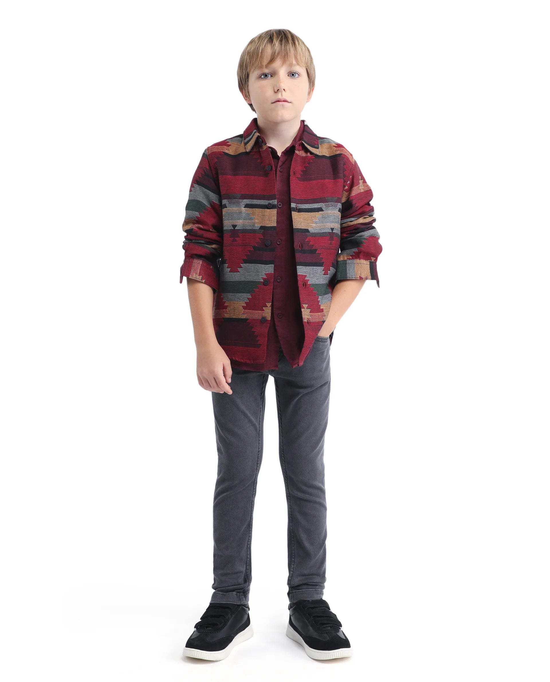 Rare Ones Kids Azlo-K Red Cotton Blend Button Closure Spread Collar Jacquard Full Sleeves Regular Fit Shirt