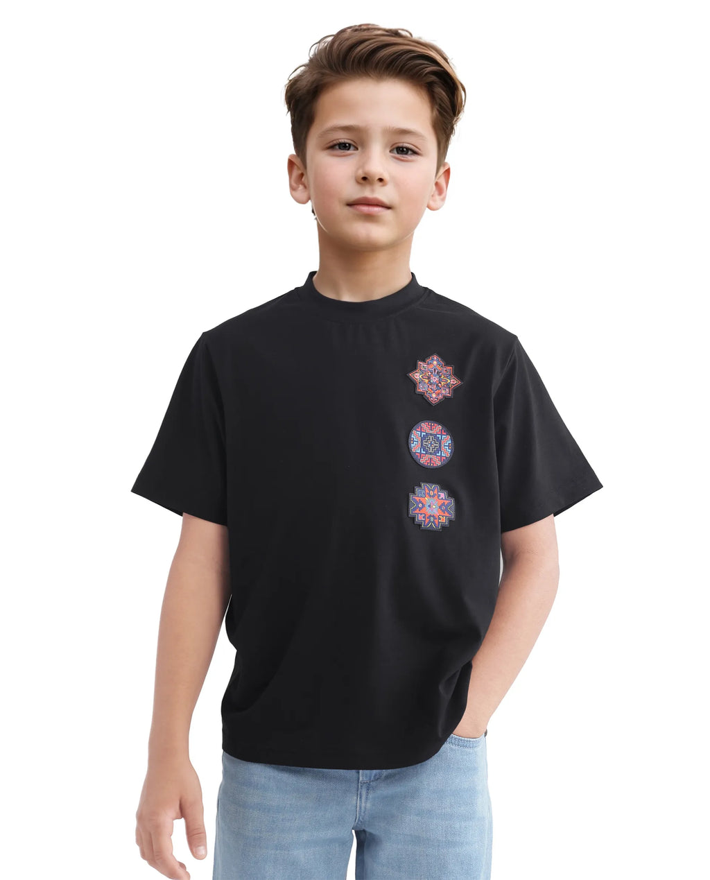 Rare Ones Kids Bale-K Black Cotton Blend Half Sleeve Slip-On Applique Regular Fit T-Shirt
