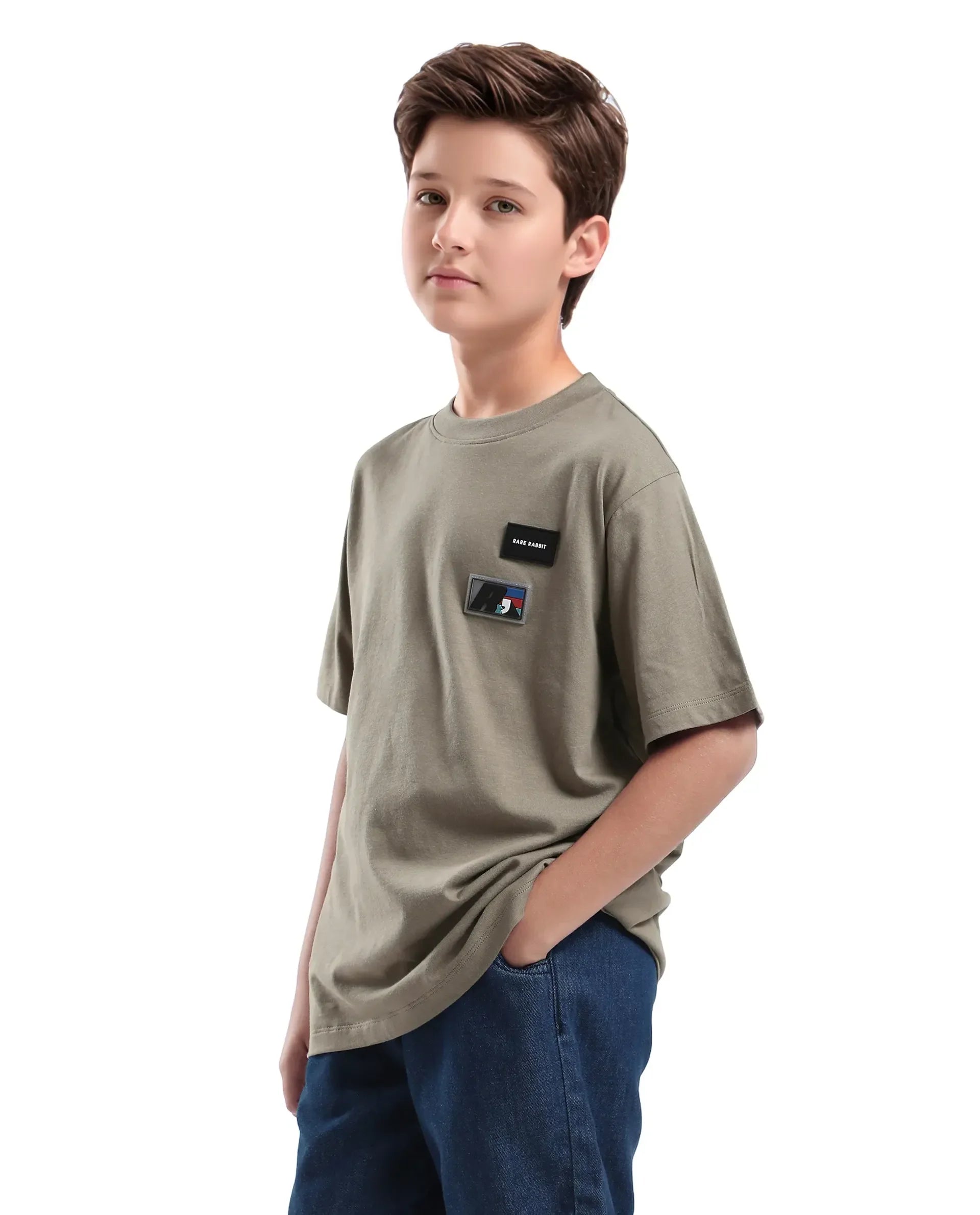 Rare Ones Kids Braun Dusky Green Cotton Solid Slip-On Regular Fit T-Shirt