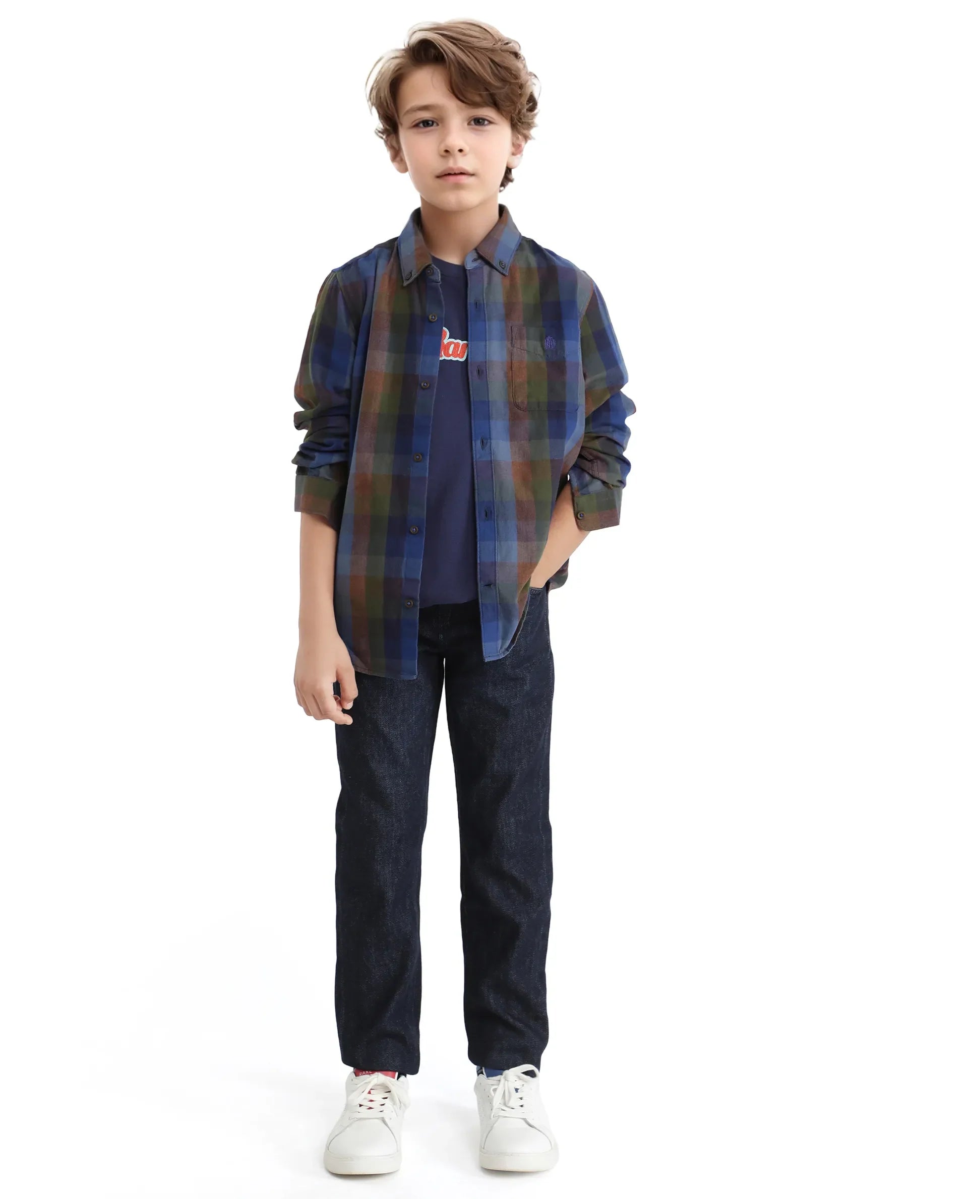 Rare Ones Kids Cal Blue Cotton Poly Full Sleeve Button Down Checked Shirt