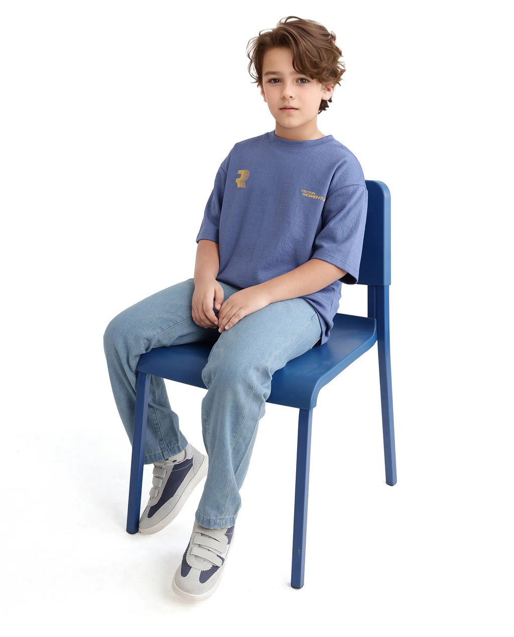 Rare Ones Kids Carlo-K Dusky Blue Cotton Blend Short Sleeve Crew Neck Print T-Shirt