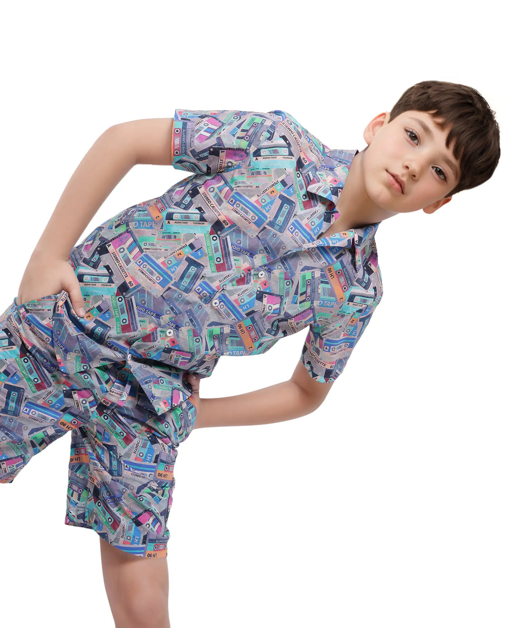 Rare Ones Kids Cast Light Brown Cotton Short Sleeve Cuban Collar Digital Print Shirt