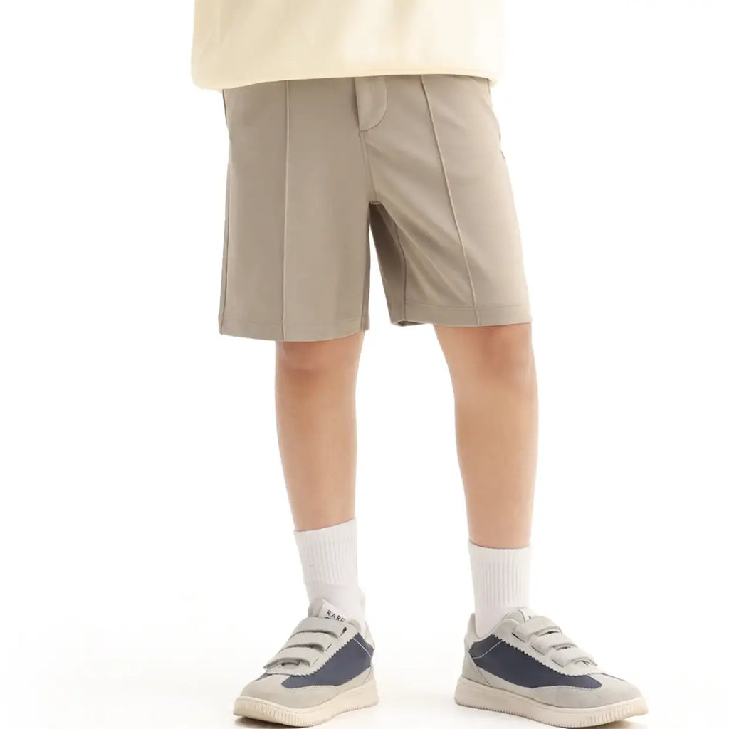 Rare Ones Kids Clas Dark Beige Cotton Solid Button And Zip Closure Regular Fit Shorts