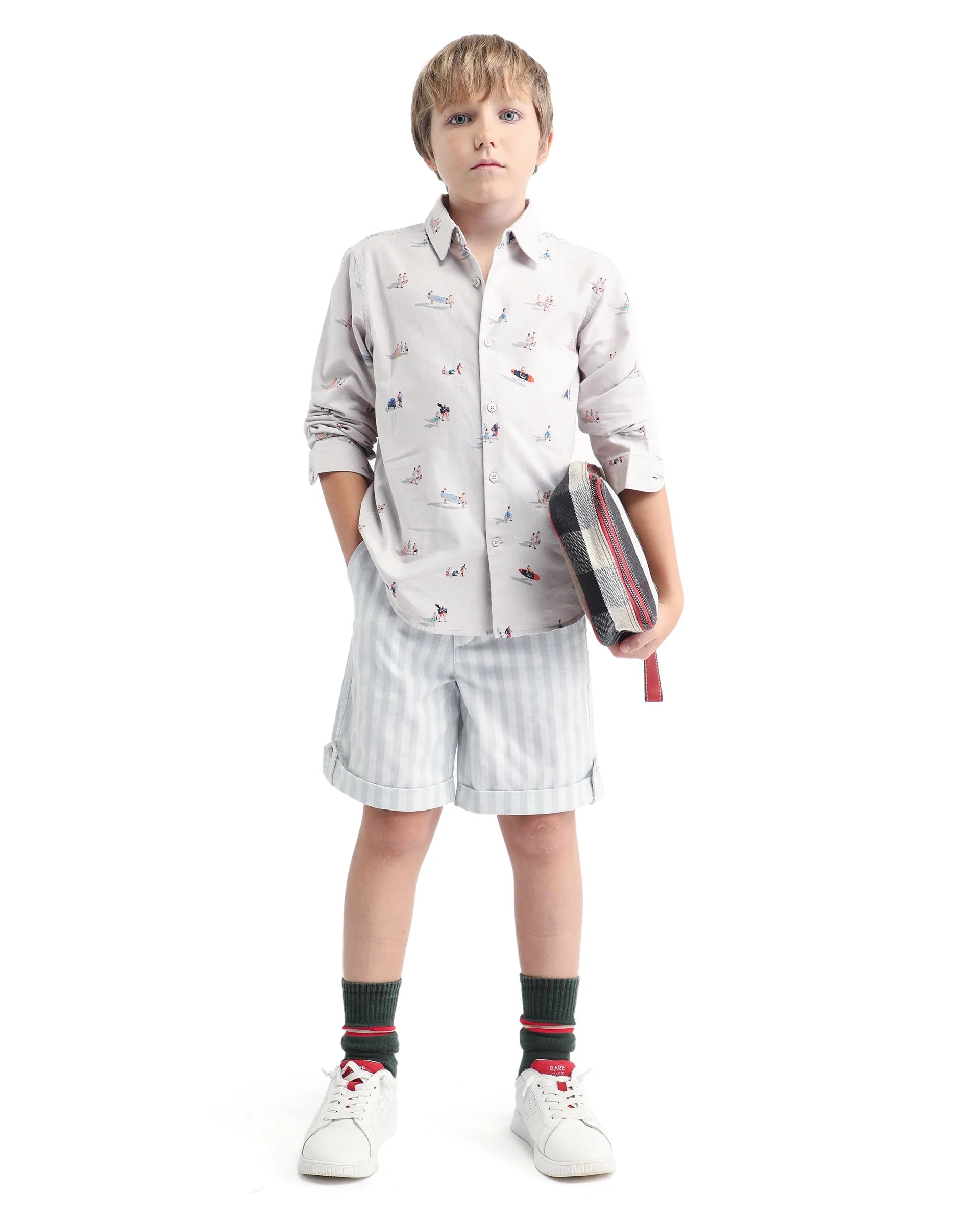 Rare Ones Kids Danni Light Green Polyester Striped Button & Zip Closure Regular Fit Shorts