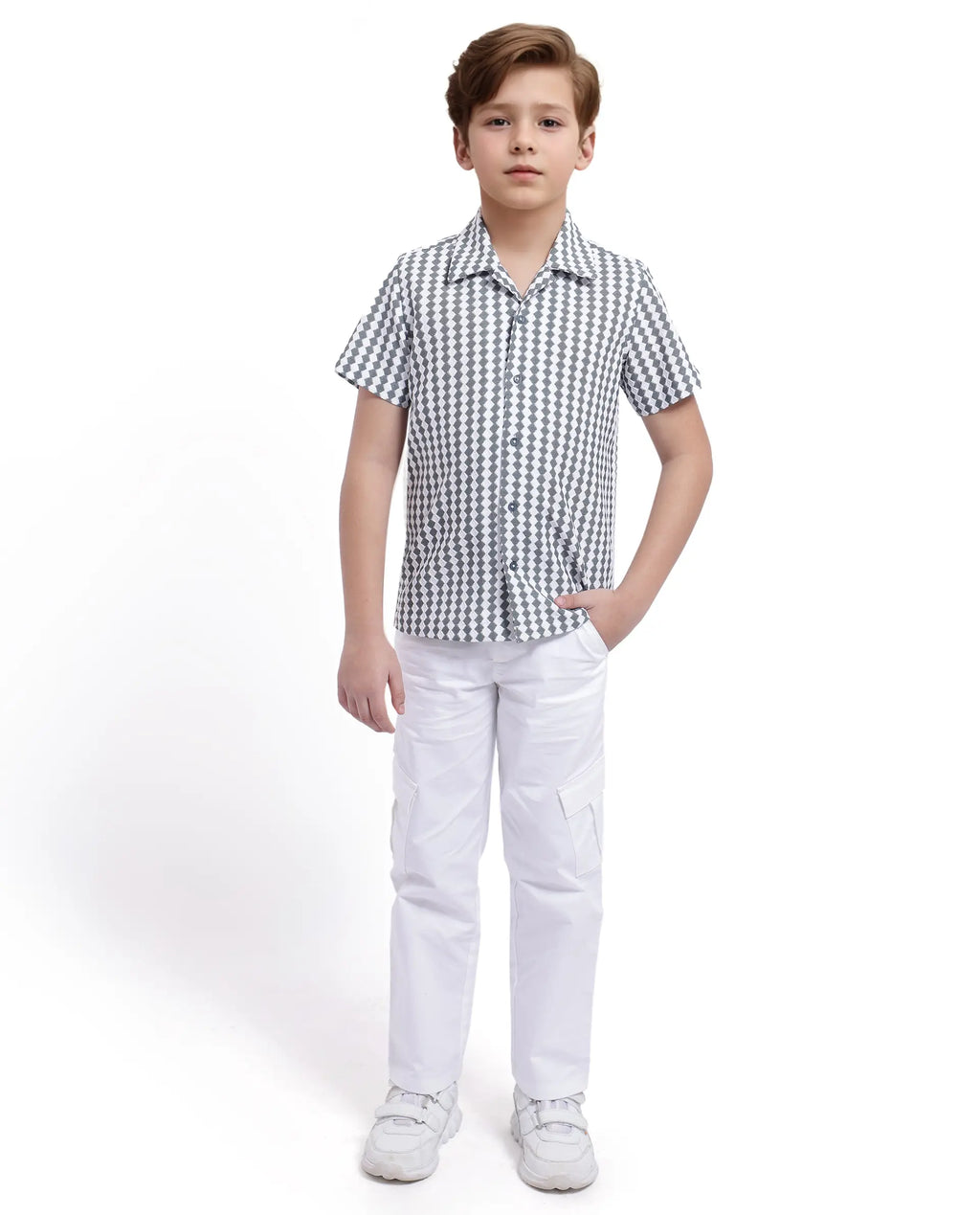 Rare Ones Kids Dion Teal Polyester Short Sleeve Cuban Collar Regular Fit Jacquard Shirt