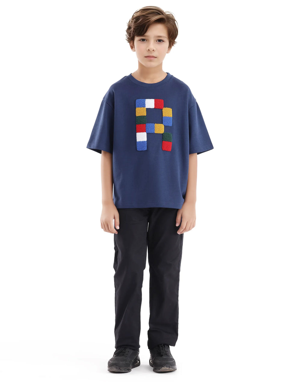 Rare Ones Kids Doe Navy Cotton Poly Short Sleeve Crew Neck Towel Embroidered Boxy T-Shirt