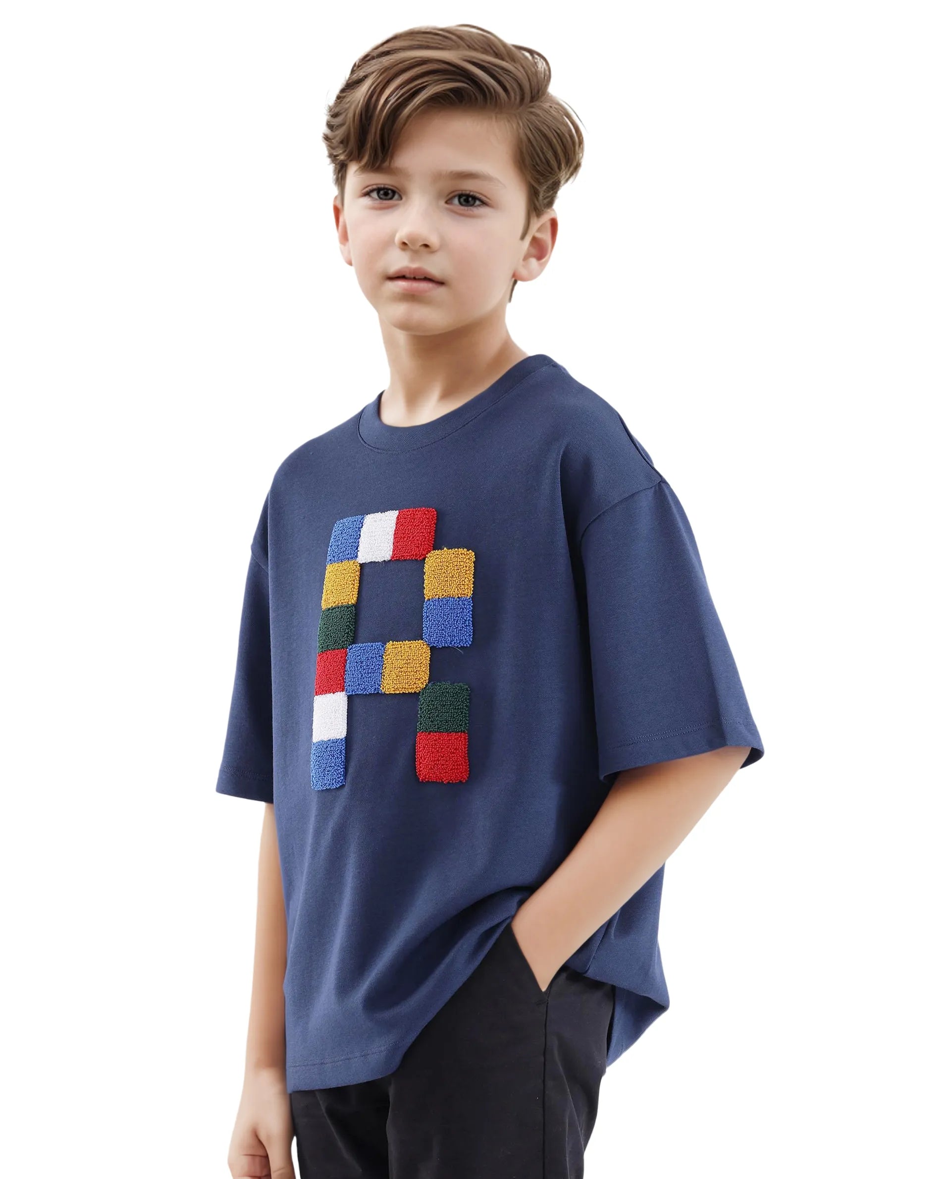 Rare Ones Kids Doe Navy Cotton Poly Short Sleeve Crew Neck Towel Embroidered Boxy T-Shirt
