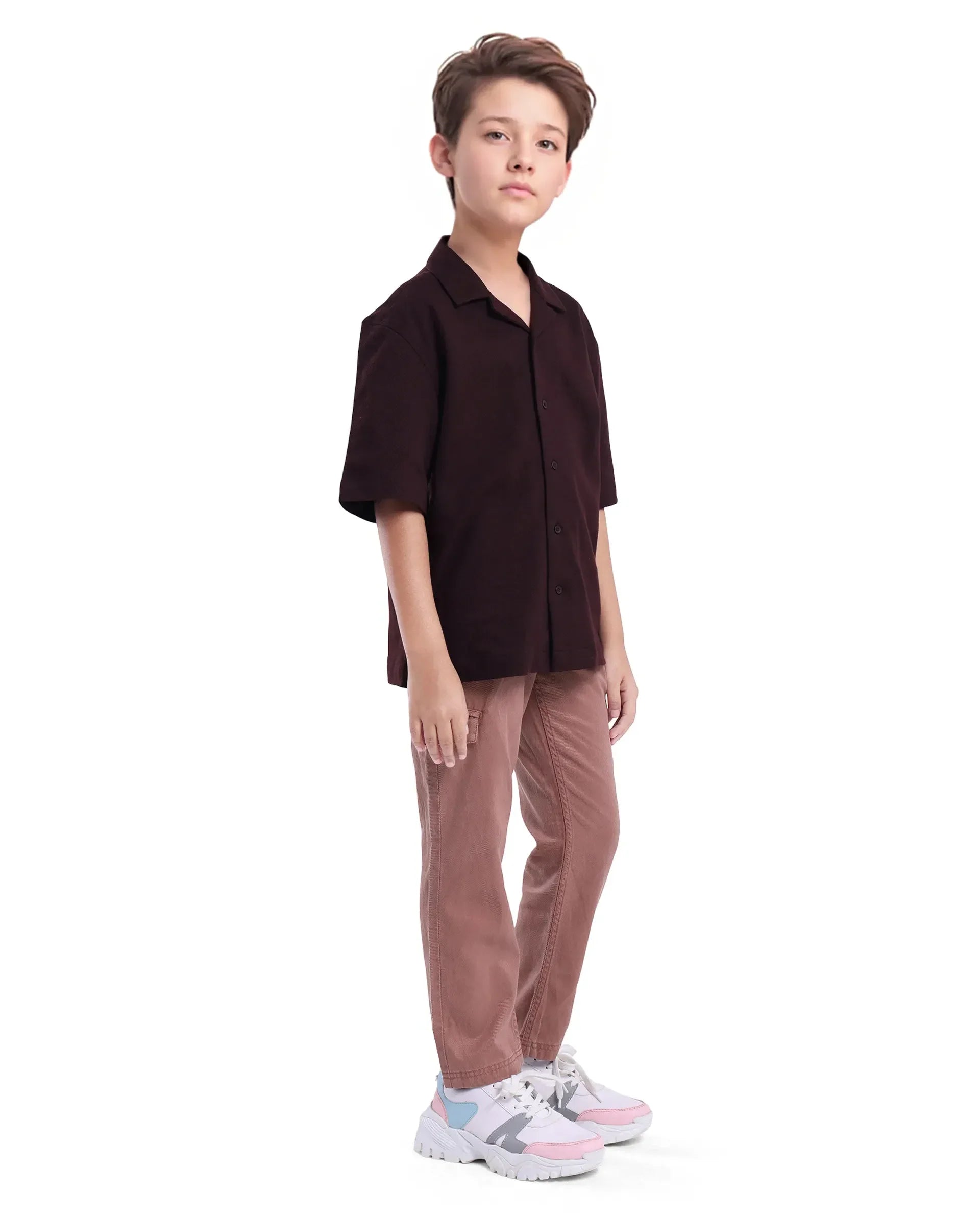 Rare Ones Kids Flat Dusky Peach Cotton Button And Zip Closure Plain Regular Fit Trouser
