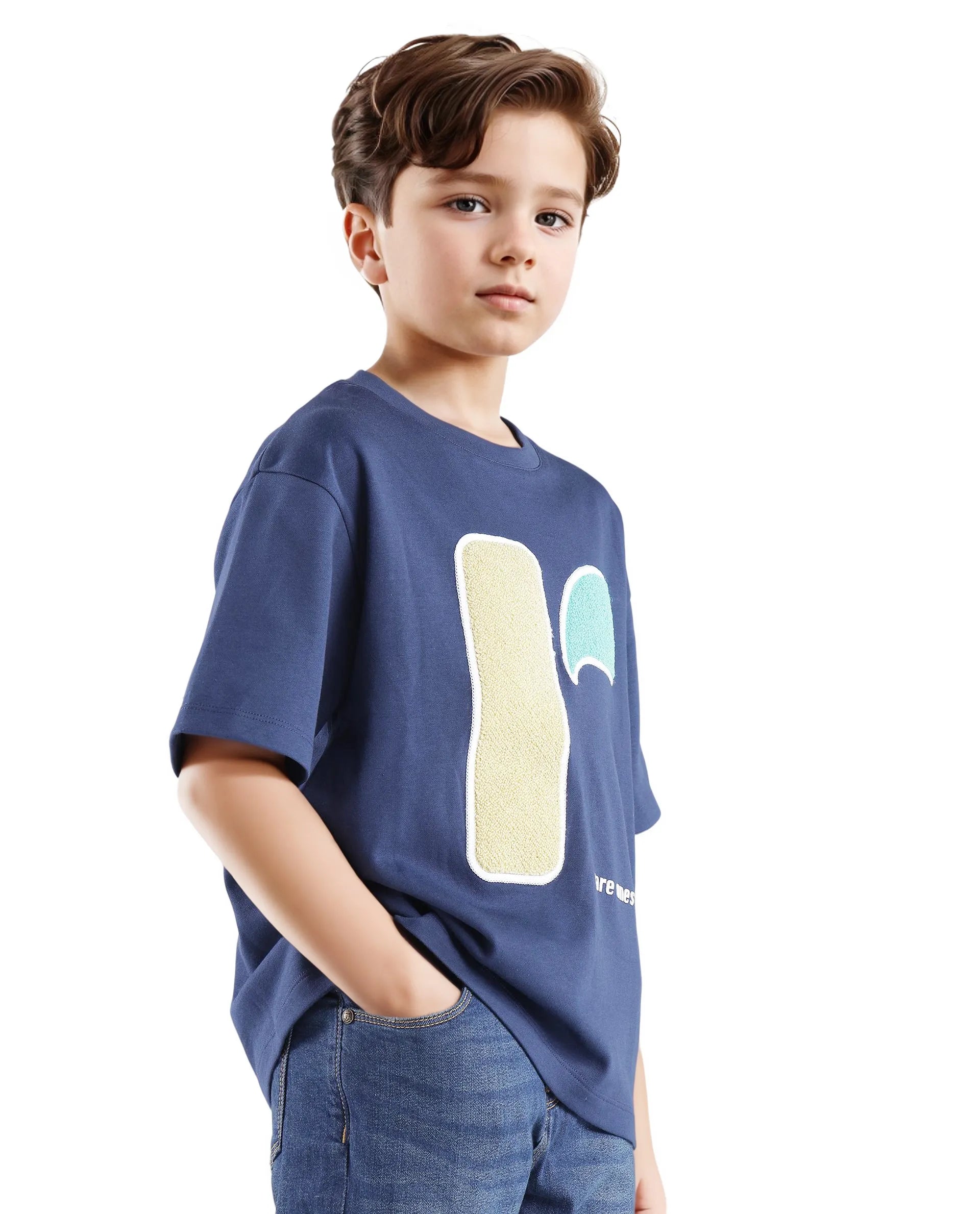 Rare Ones Kids Frodo Navy Cotton Poly Short Sleeve Crew Neck Towel Embroidered T-Shirt