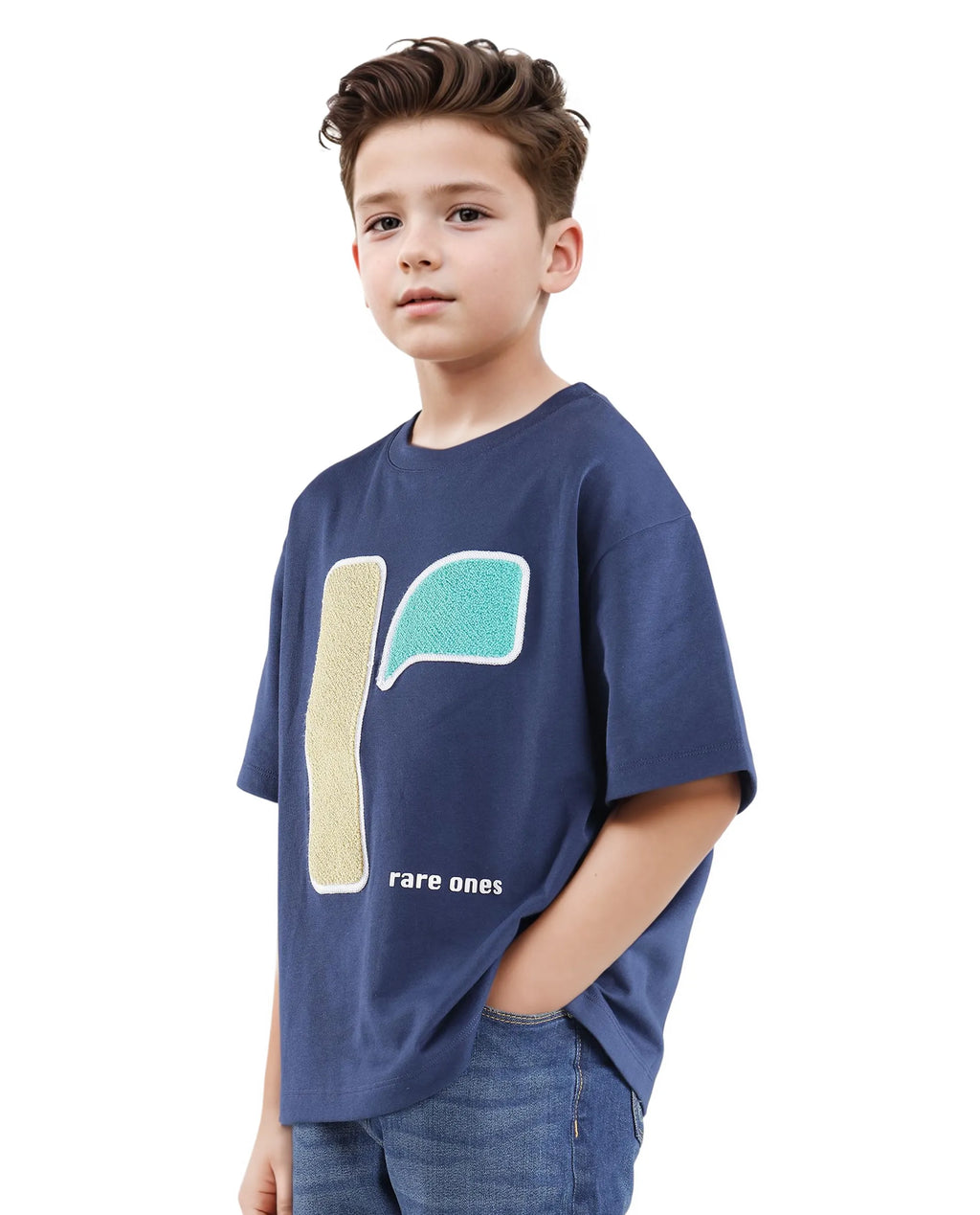 Rare Ones Kids Frodo Navy Cotton Poly Short Sleeve Crew Neck Towel Embroidered T-Shirt