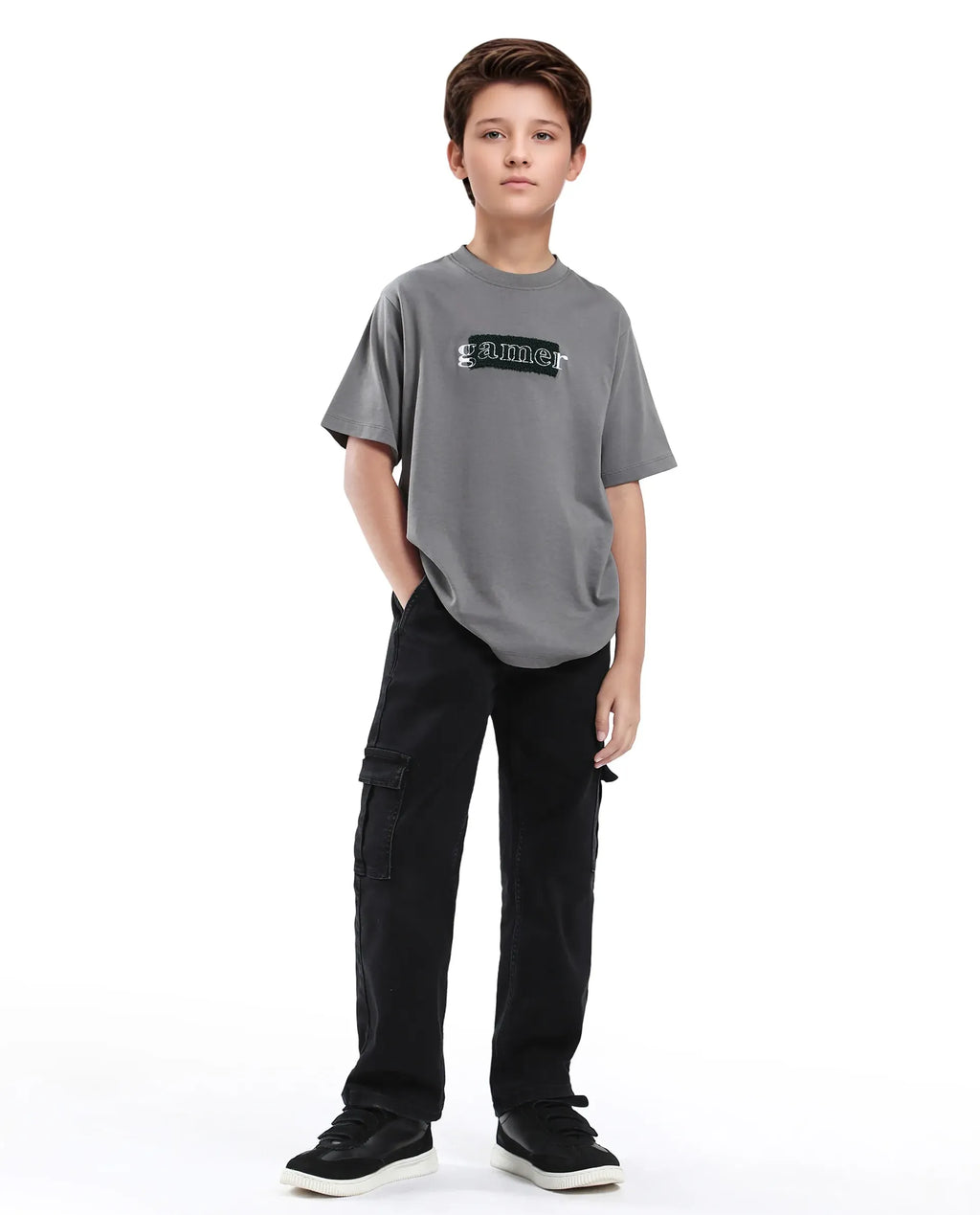 Rare Ones Kids Gamer Grey Cotton Embroidered Slip-On Regular Fit T-Shirt