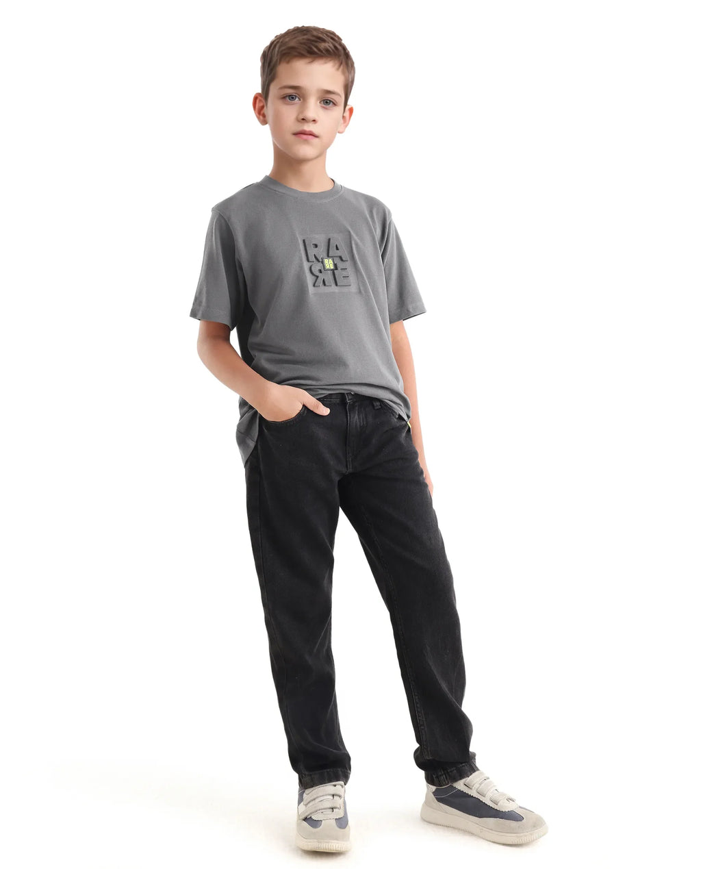 Rare Ones Kids Hiro Dark Grey Cotton Embossed Regular Fit T-Shirt