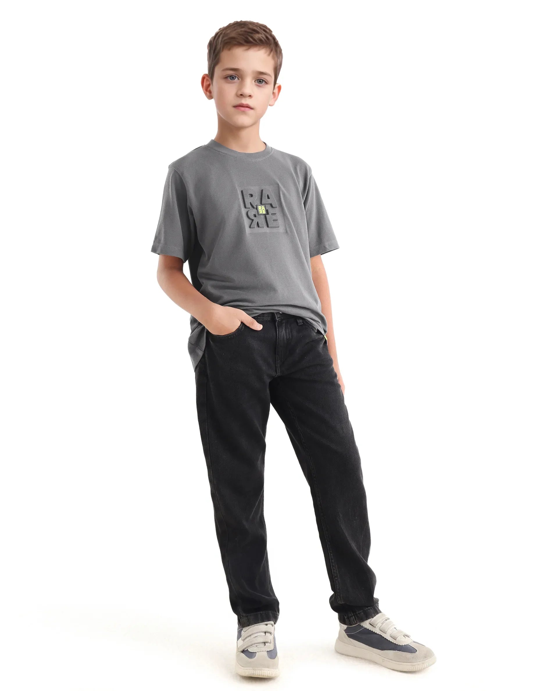 Rare Ones Kids Hiro Dark Grey Cotton Embossed Regular Fit T-Shirt