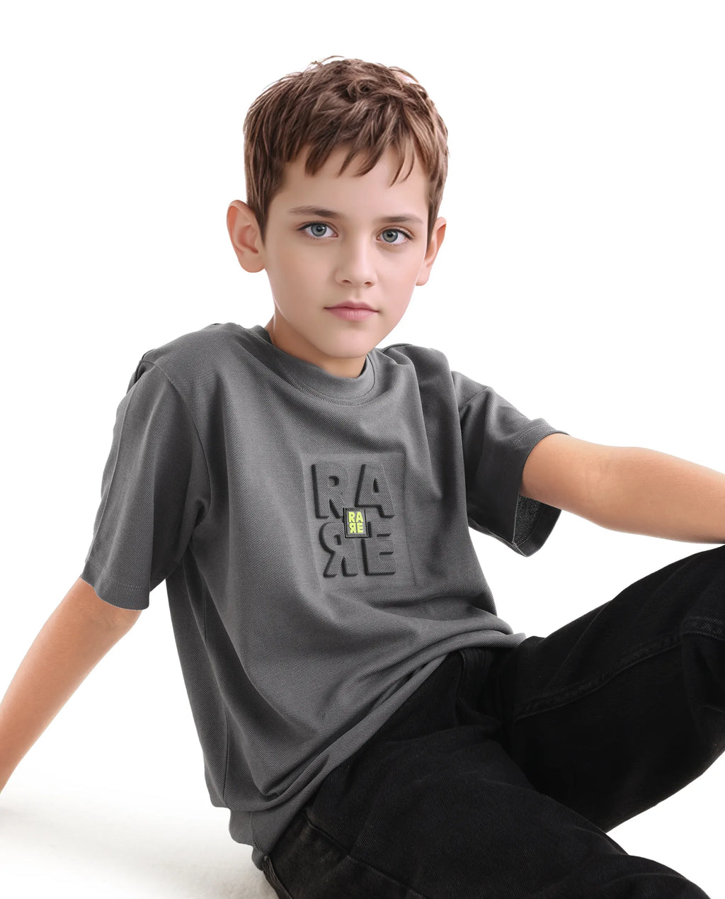 Rare Ones Kids Hiro Dark Grey Cotton Embossed Regular Fit T-Shirt