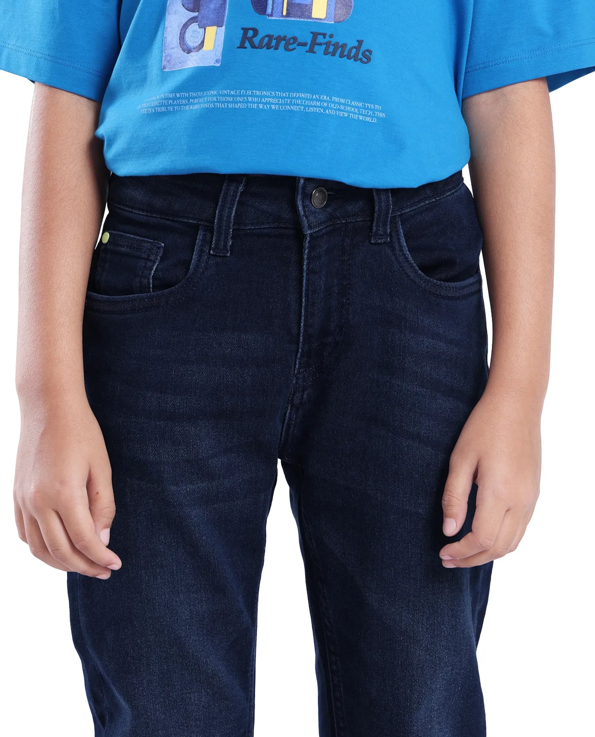Rare Ones Kids Jace 2 Dark Blue Cotton Solid Button And Zip Closure Slim Fit Jeans