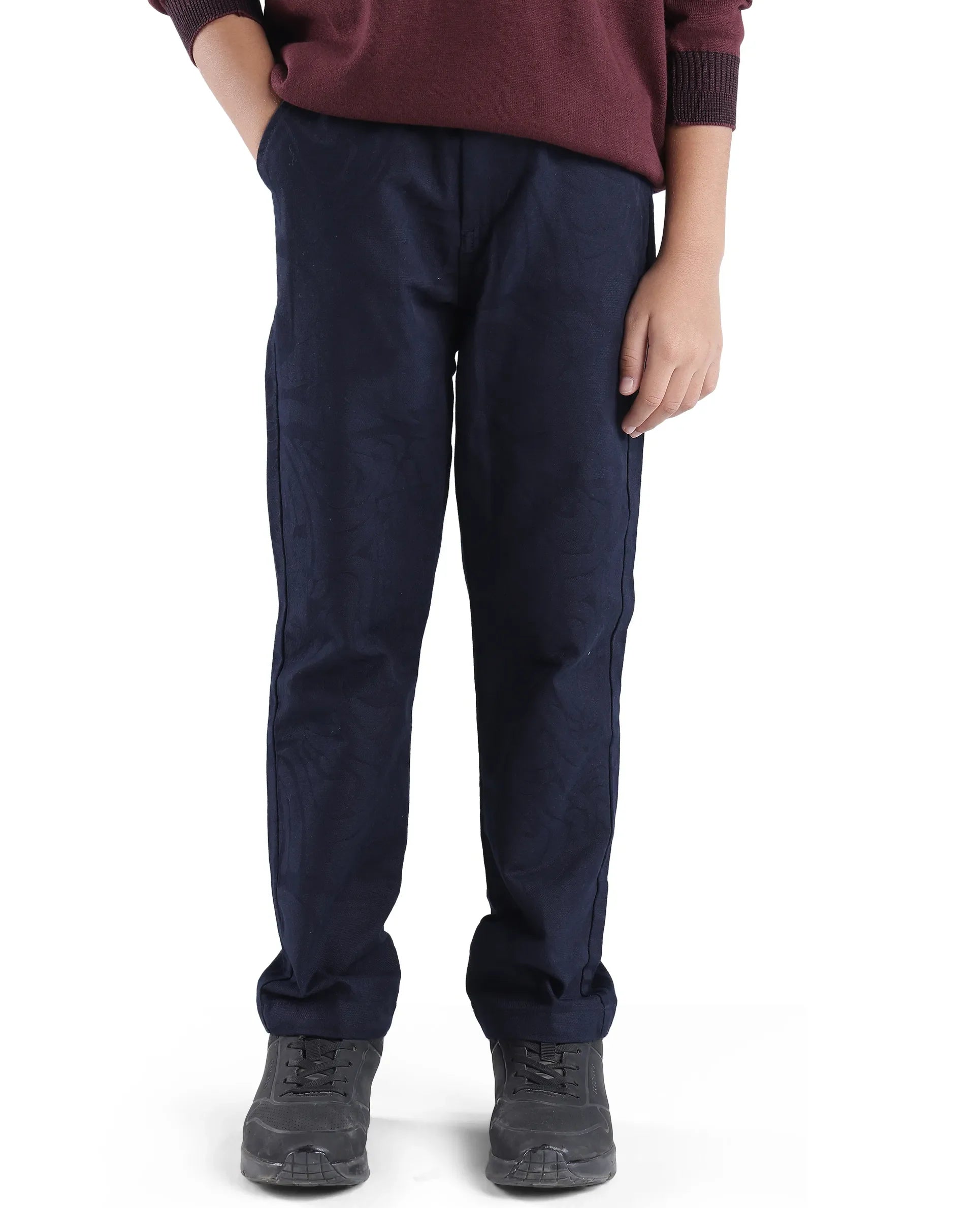 Rare Ones Kids Jack Navy Cotton Solid Button And Zipper Clouser Regular Fit Trouser