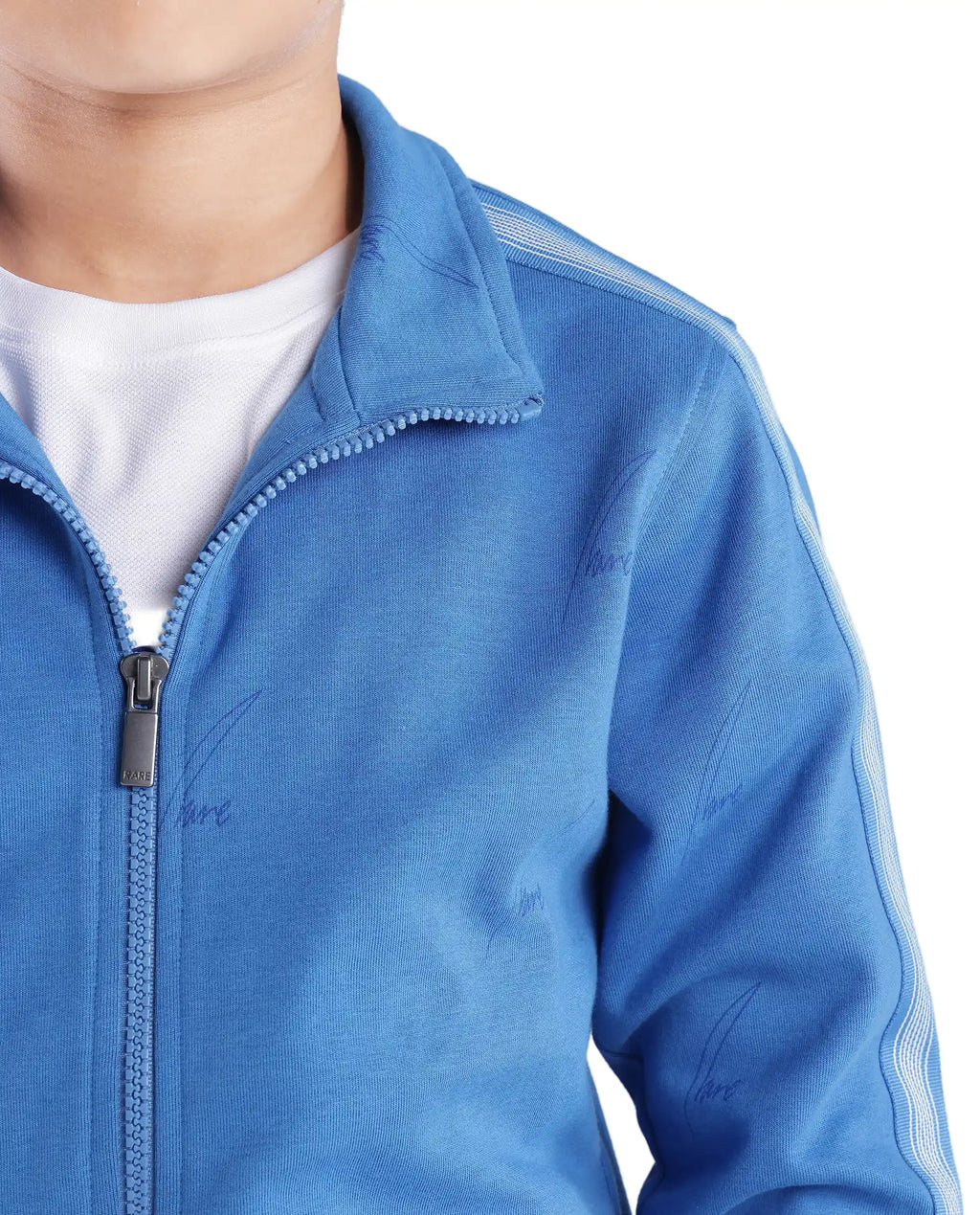 Rare Ones Kids Jacksign Blue Cotton Full Sleeves High Neck Striped Sleeve Zipper Closure Jelly Print Jacket