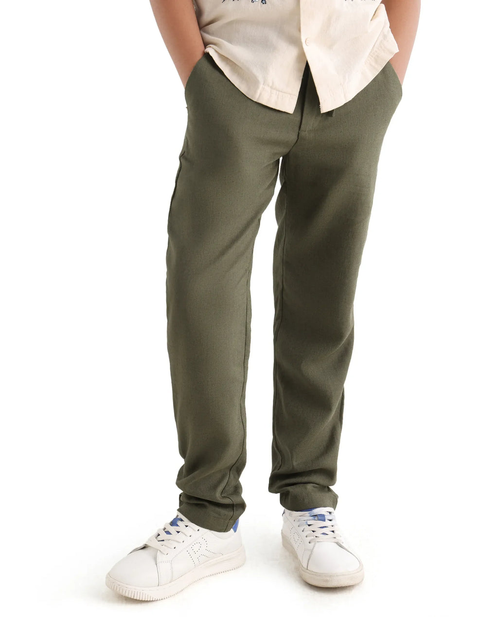 Rare Ones Kids Jomok-B Olive Linen Solid Drawstring Closure Regular Fit Trouser