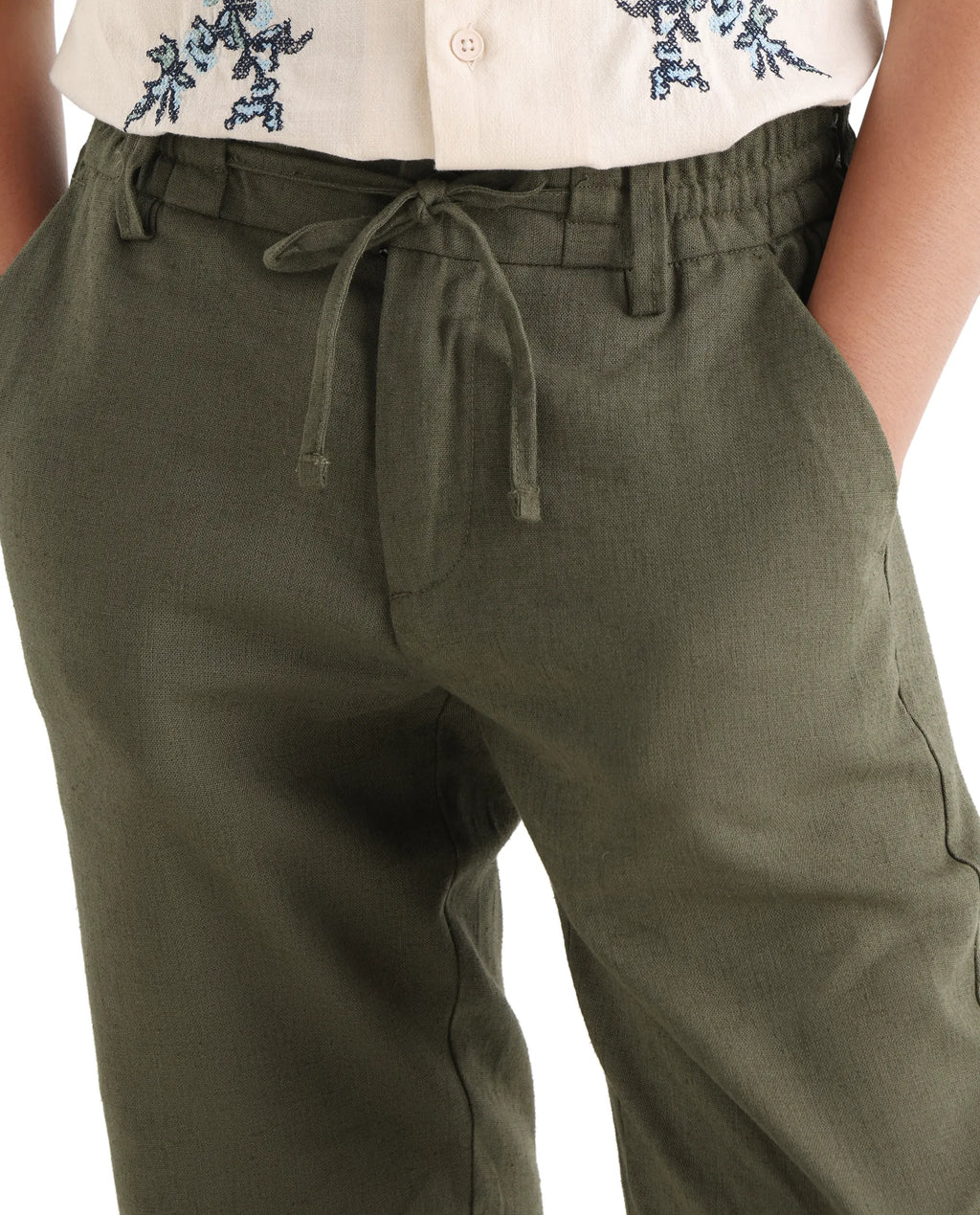 Rare Ones Kids Jomok-B Olive Linen Solid Drawstring Closure Regular Fit Trouser