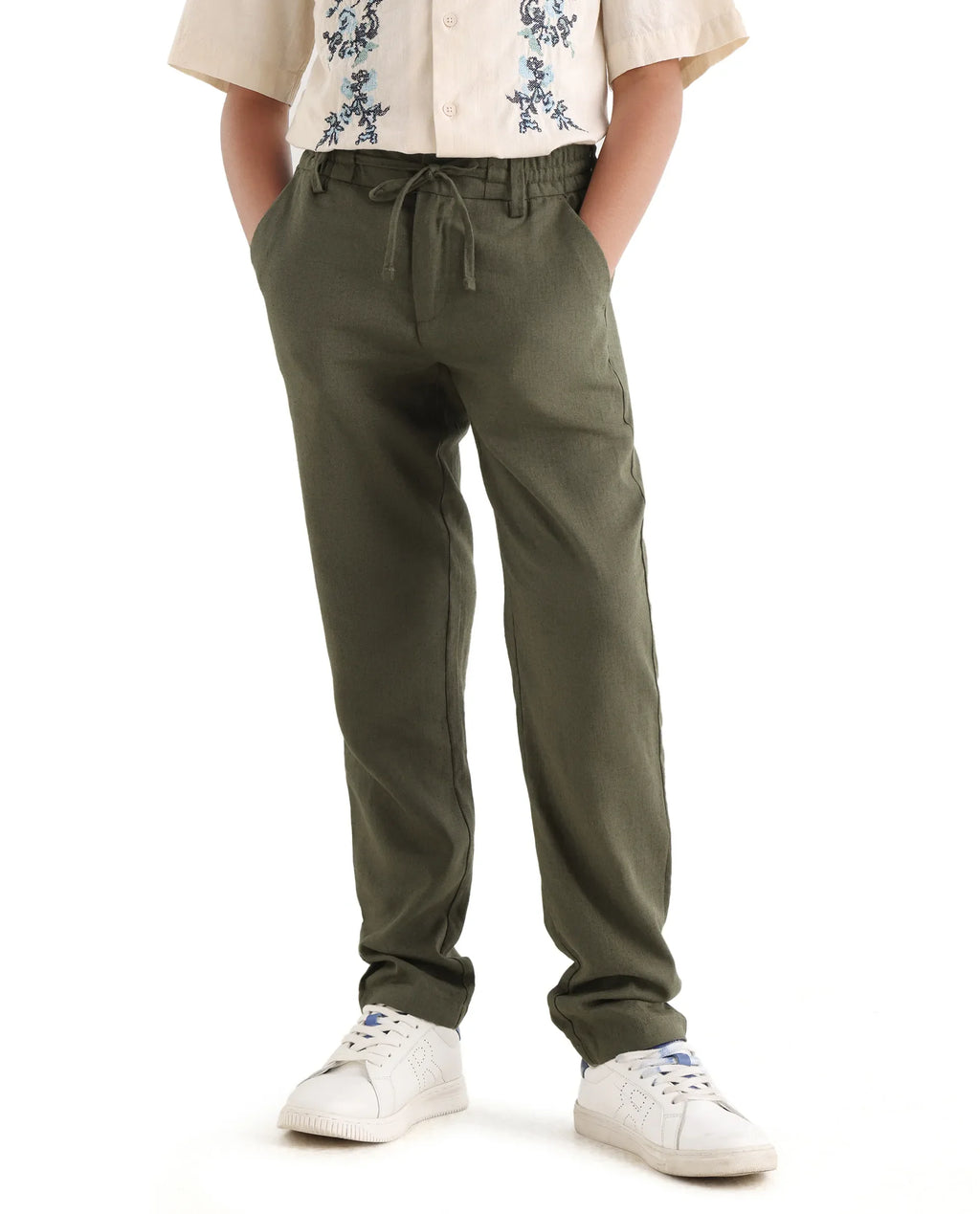 Rare Ones Kids Jomok-B Olive Linen Solid Drawstring Closure Regular Fit Trouser
