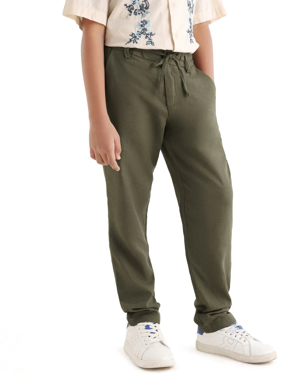 Rare Ones Kids Jomok-B Olive Linen Solid Drawstring Closure Regular Fit Trouser