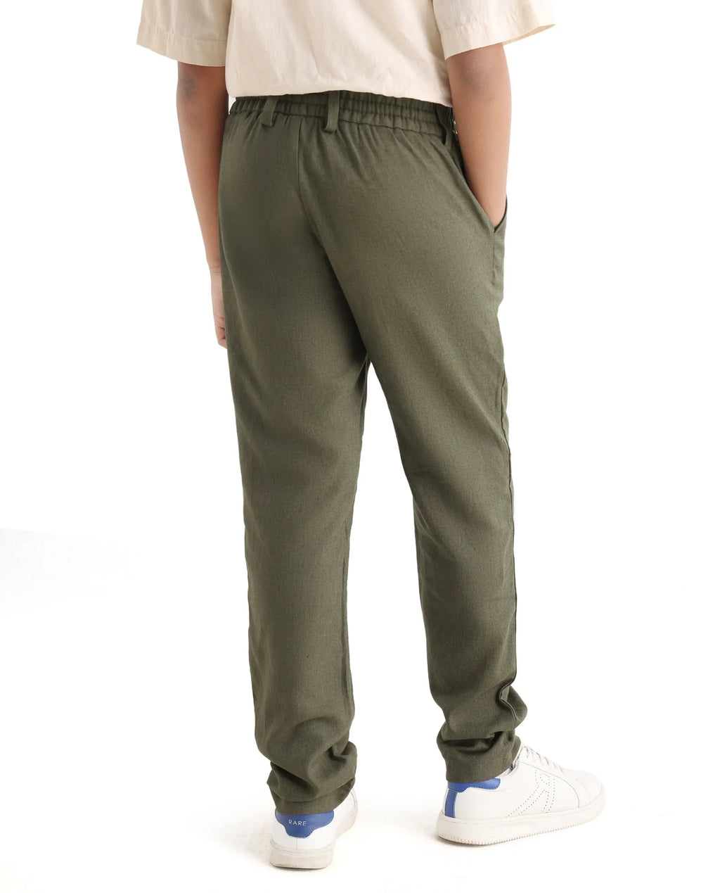 Rare Ones Kids Jomok-B Olive Linen Solid Drawstring Closure Regular Fit Trouser