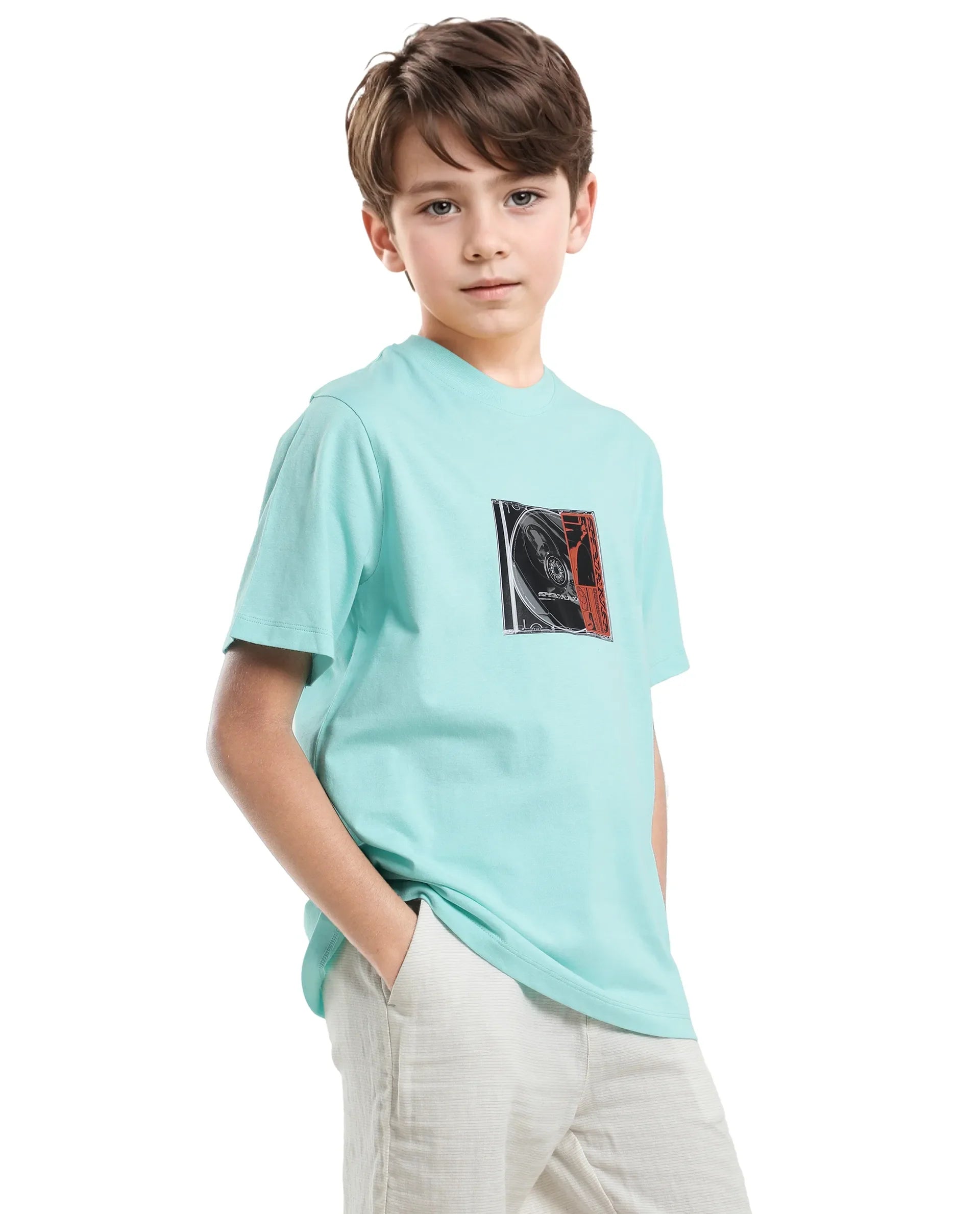 Rare Ones Kids Justr-K Pastel Turq Cotton Graphic Printed Slip-On Regular Fit T-Shirt
