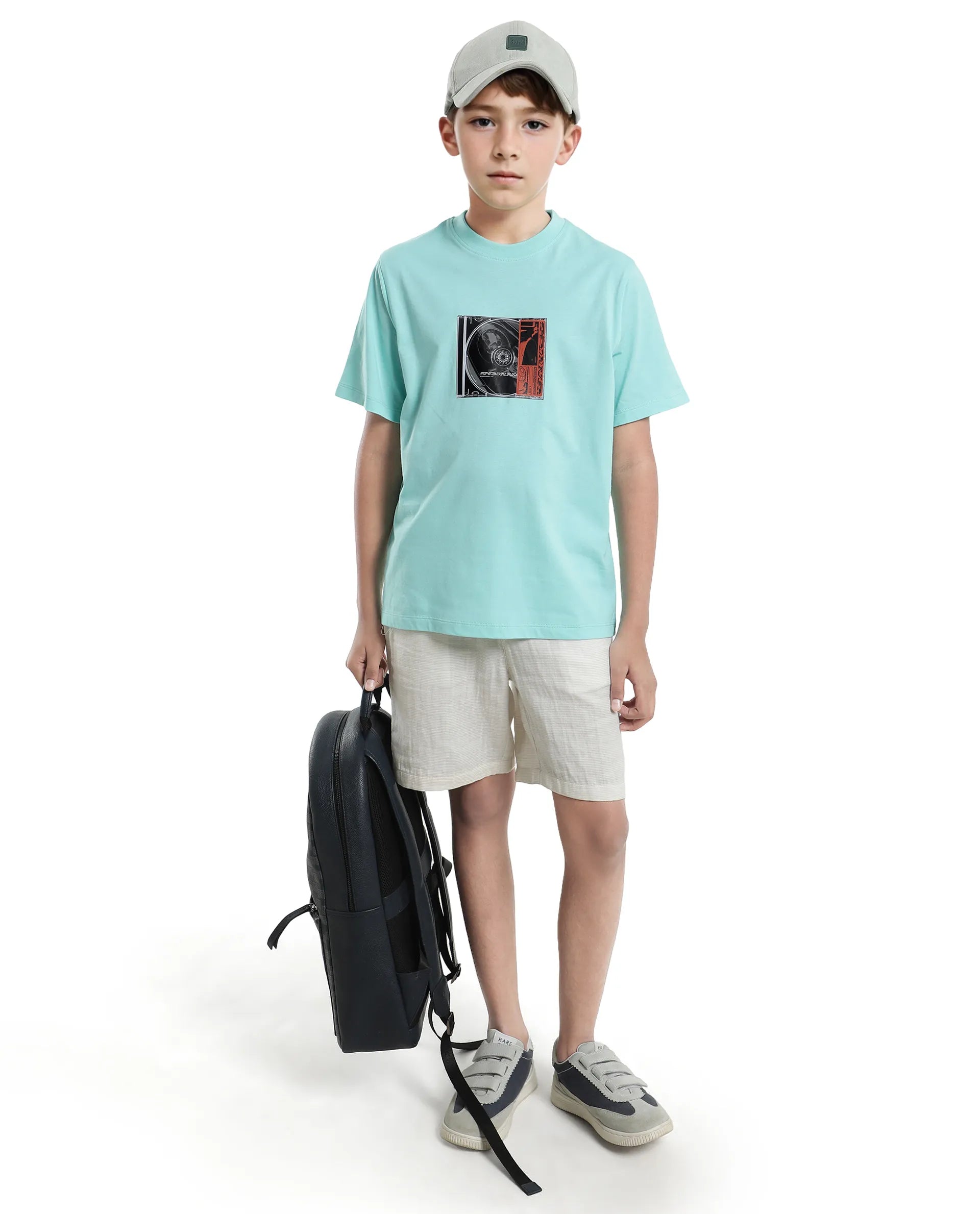 Rare Ones Kids Justr-K Pastel Turq Cotton Graphic Printed Slip-On Regular Fit T-Shirt