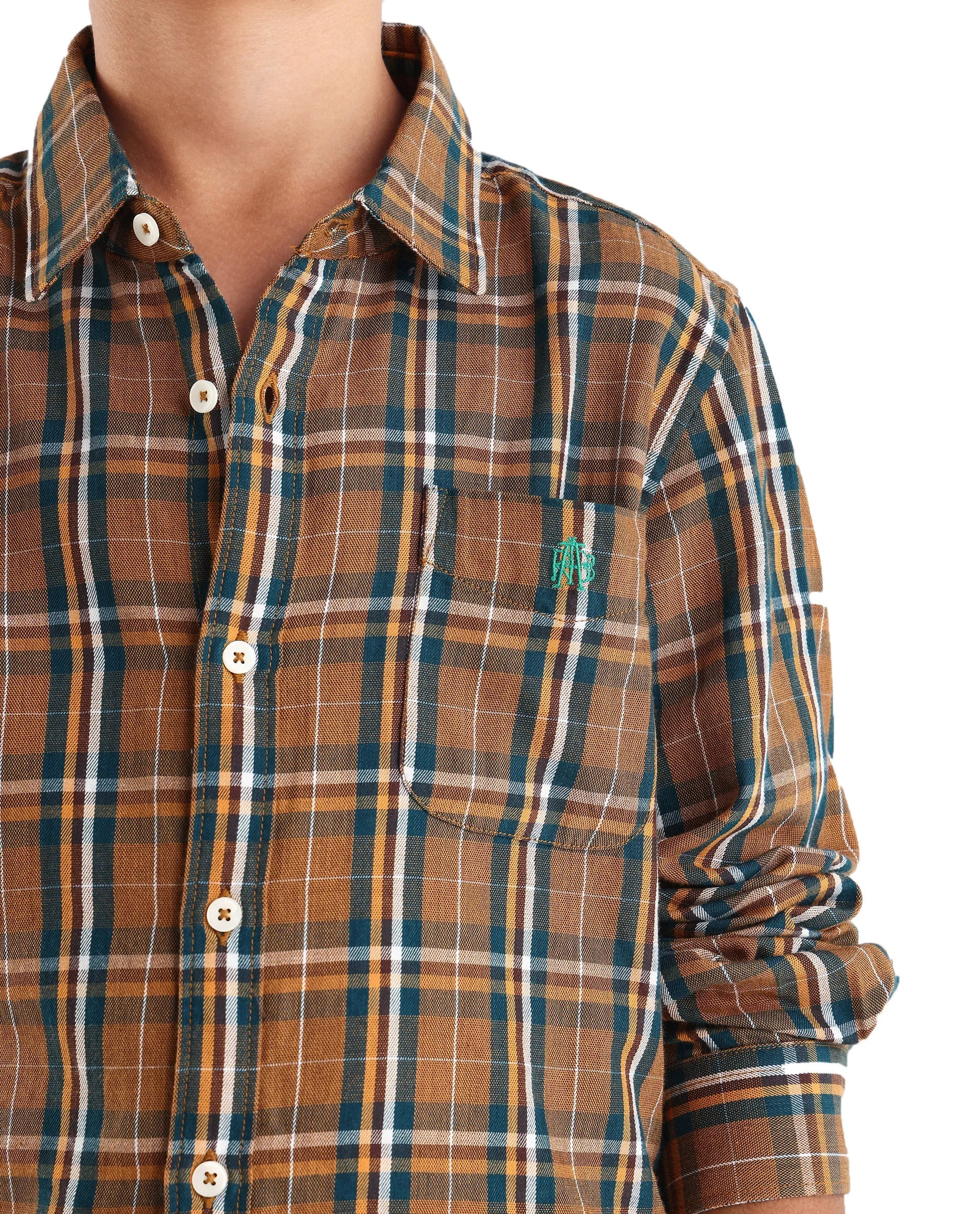 Rare Ones Kids Lane Dark Yellow Cotton Checked Button Closure Regular Fit Shirt