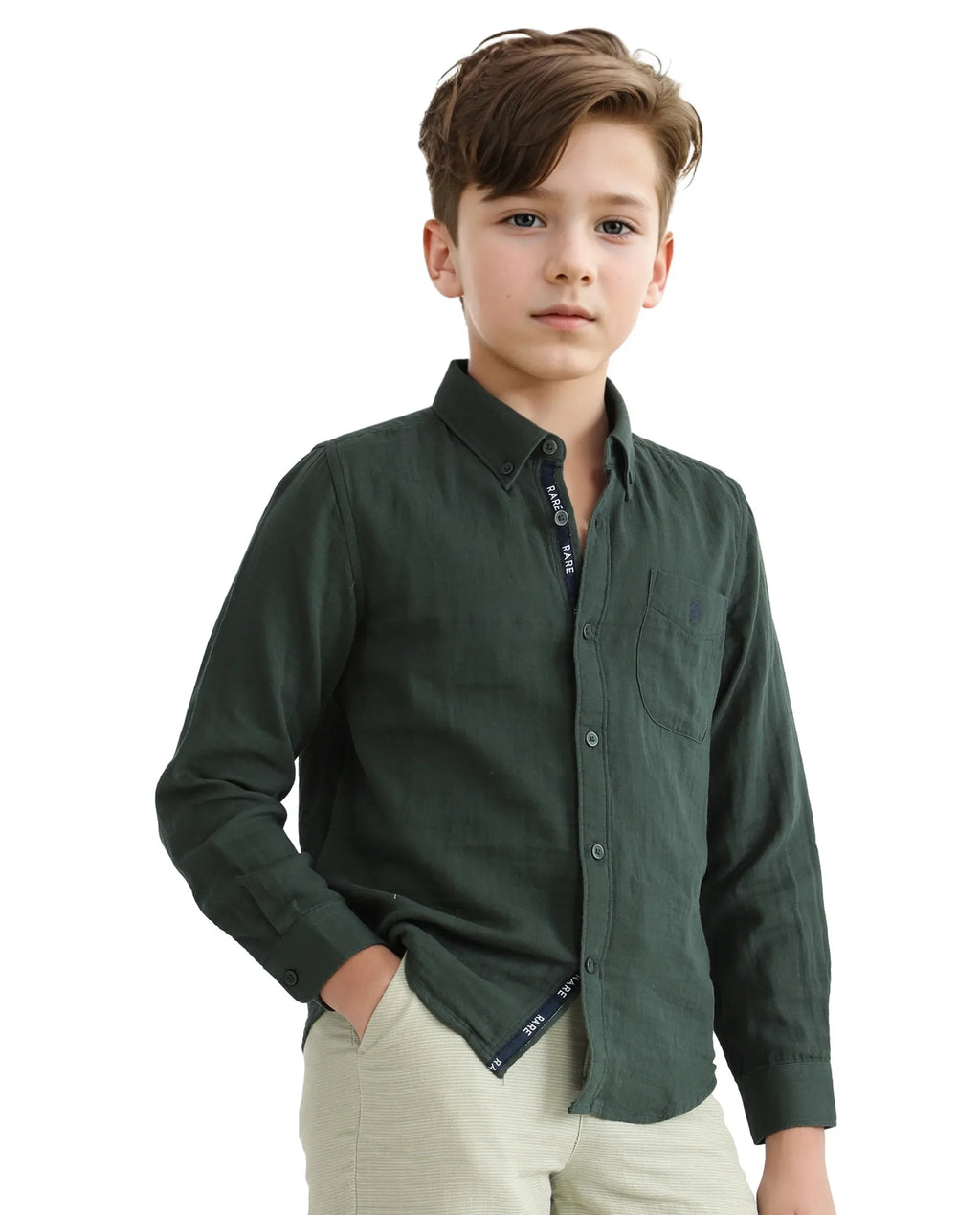Rare Ones Kids Layerr Ls-K Dusky Green Cotton Full Sleeve Spread Collar Solid Shirt