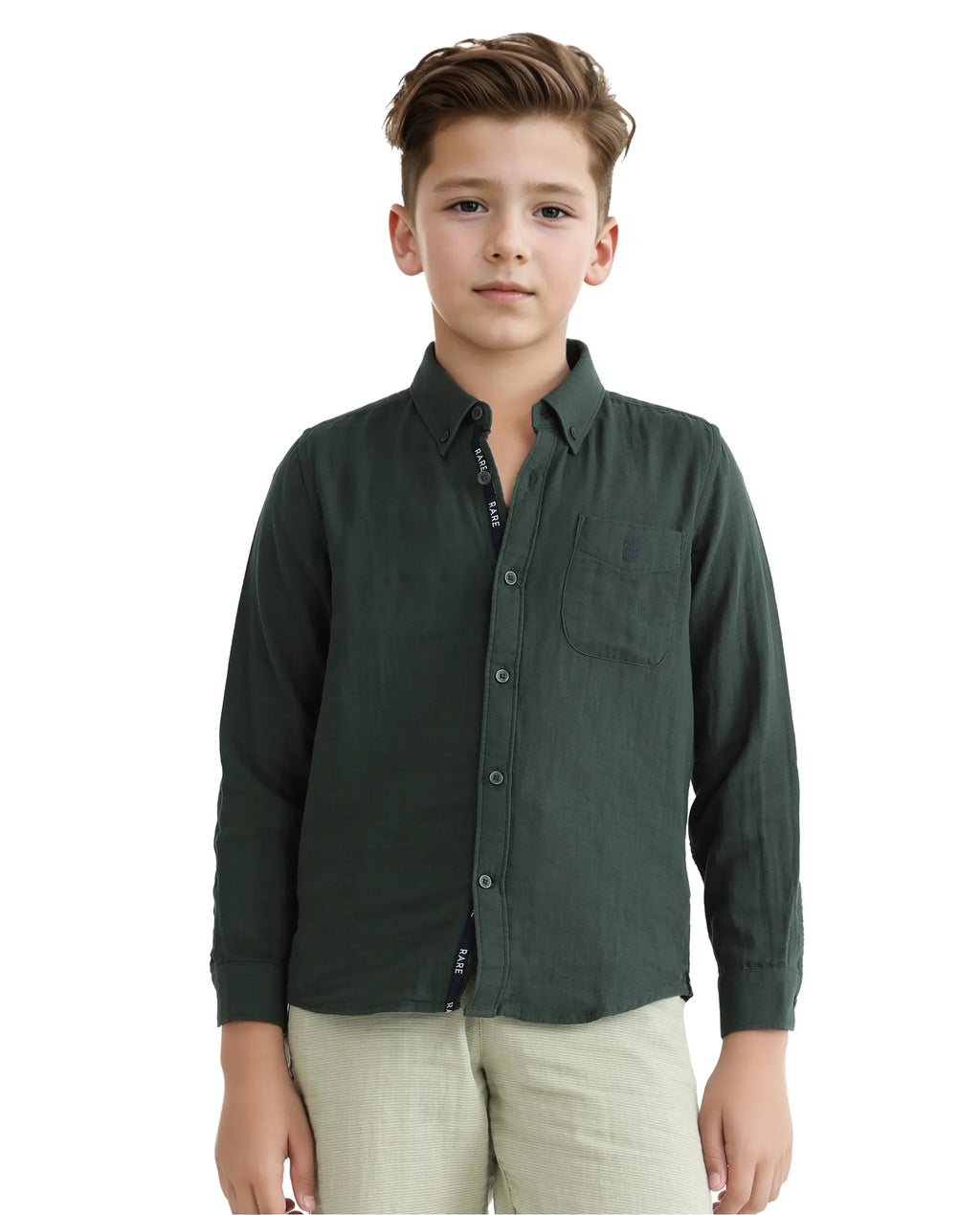 Rare Ones Kids Layerr Ls-K Dusky Green Cotton Full Sleeve Spread Collar Solid Shirt