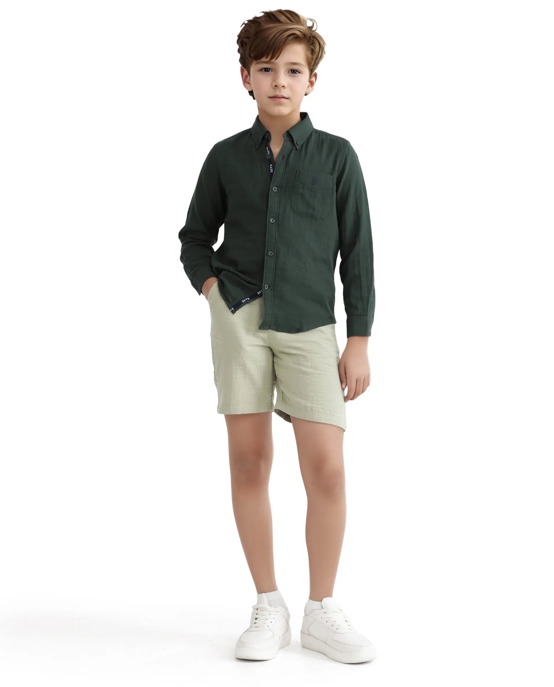 Rare Ones Kids Layerr Ls-K Dusky Green Cotton Full Sleeve Spread Collar Solid Shirt