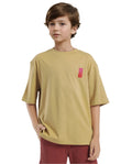 Rare Ones Kids Lest Mustard Cotton Half Sleeves Ribbed Crew Neck Graphic Back Print Oversized Fit T-Shirt