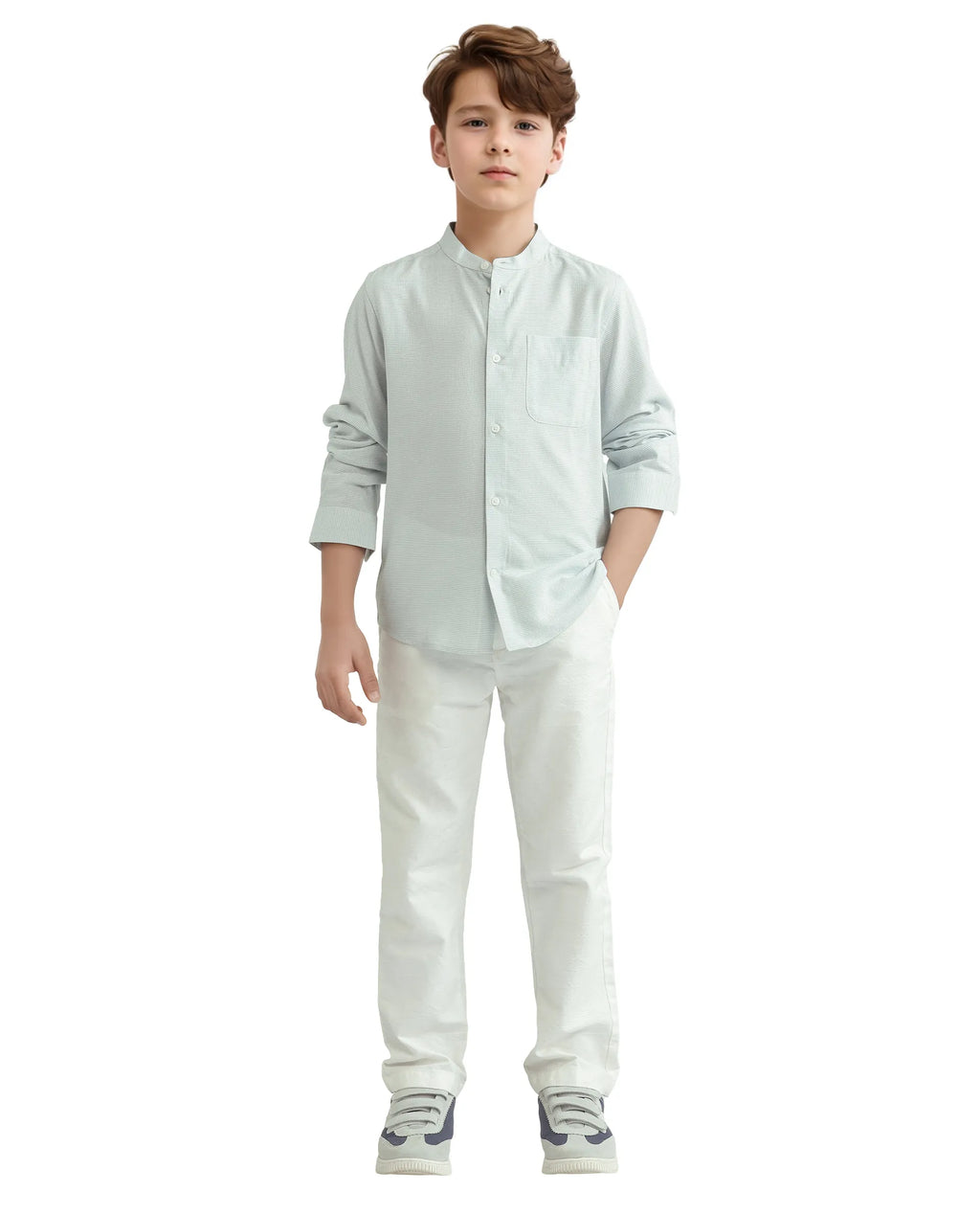 Rare Ones Kids Lynx Light Blue Cotton Blend Long Sleeve Mandarin Collar Striped Shirt