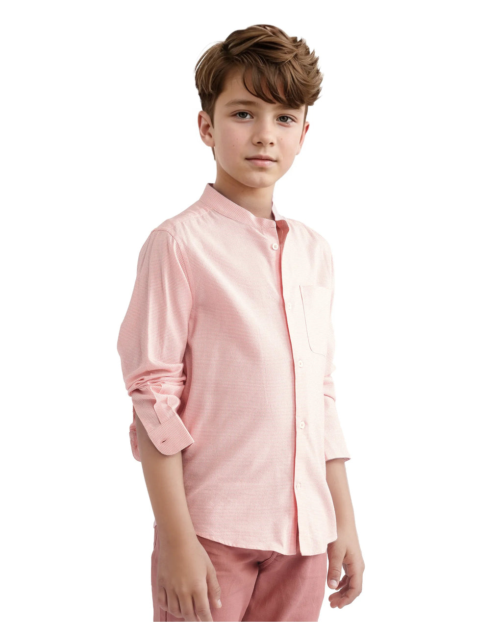 Rare Ones Kids Lynx Peach Cotton Blend Full Sleeve Mandarin Collar Self Striped Embroidered Signature Shirt
