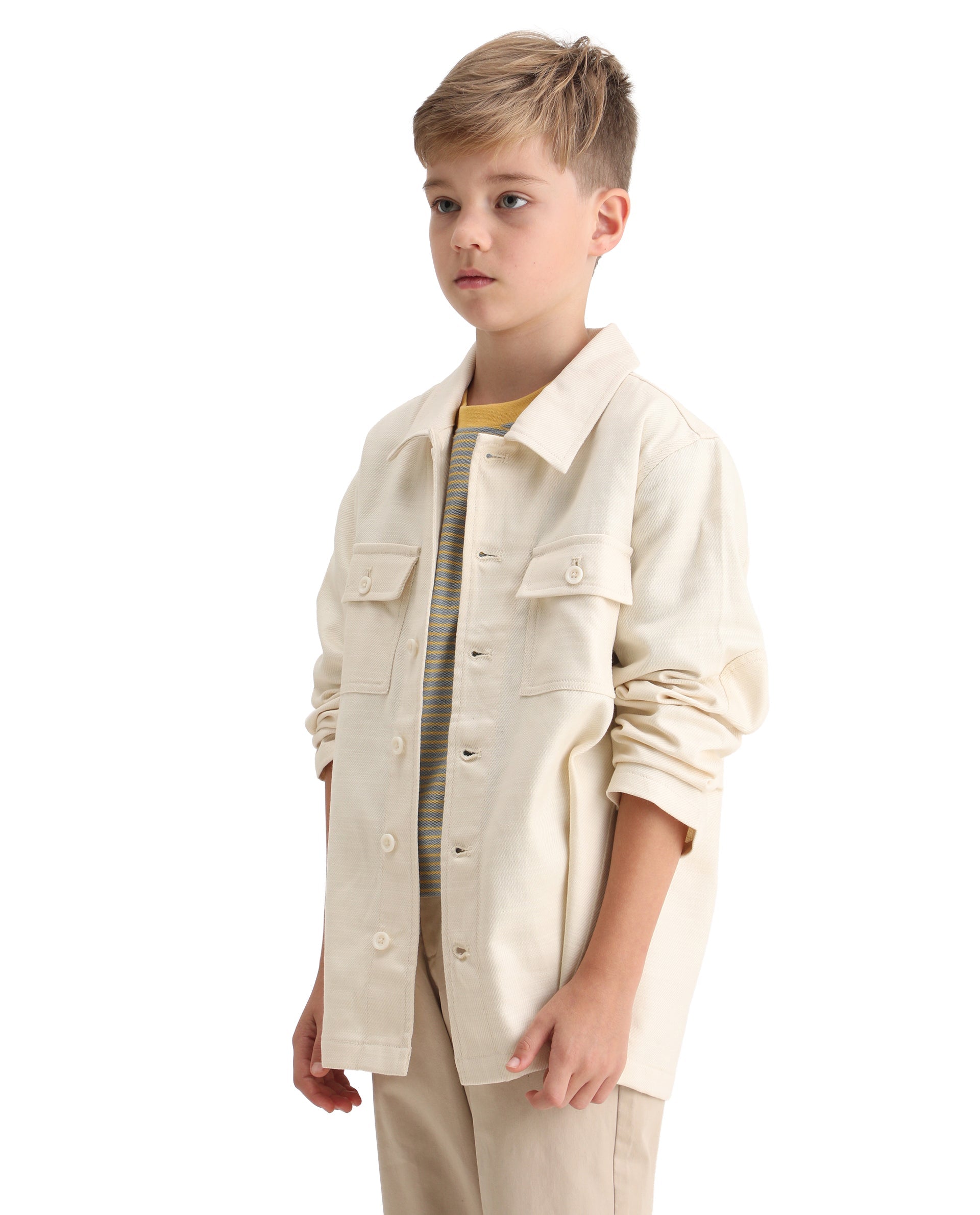 Rare Ones Kids Masa Off White Cotton Button Closure Flat Collar Plain Full Sleeves Slim Fit Jacket