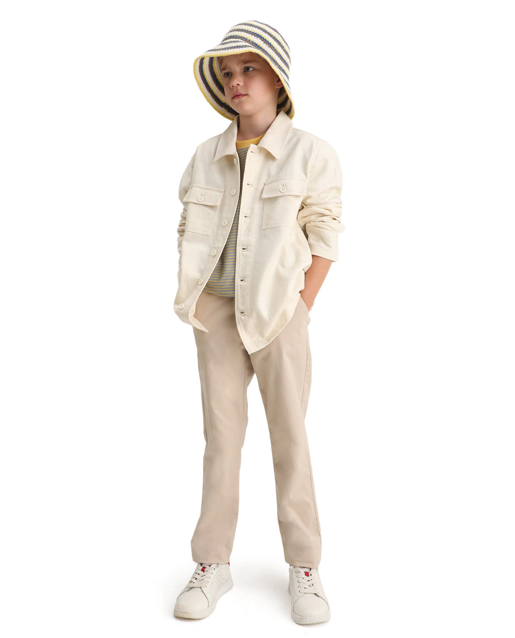 Rare Ones Kids Masa Off White Cotton Button Closure Flat Collar Plain Full Sleeves Slim Fit Jacket