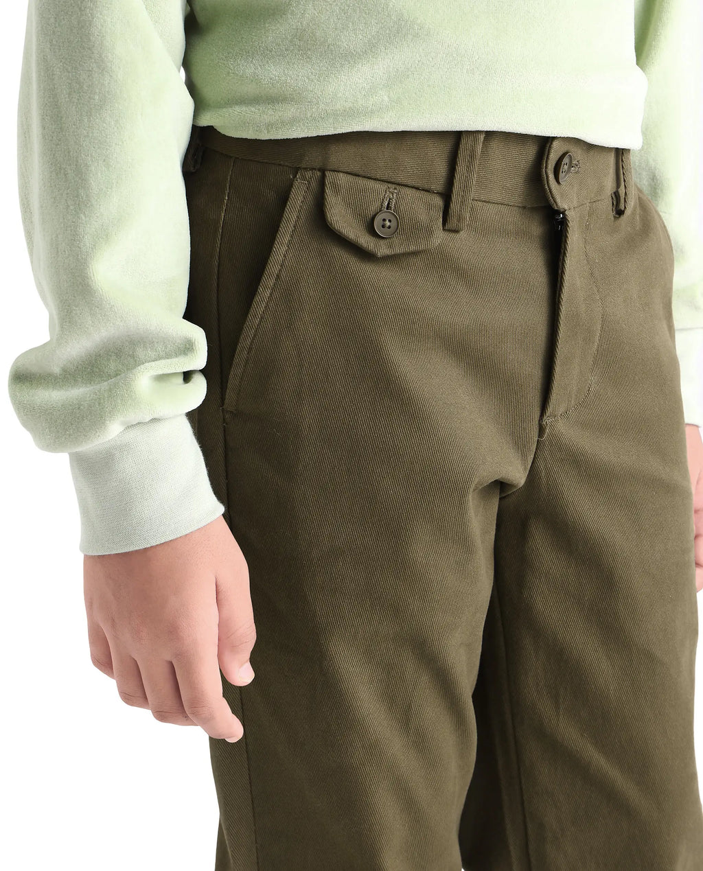 Rare Ones Kids Arne-K Olive Cotton Solid Button Closure Regular Fit Trouser