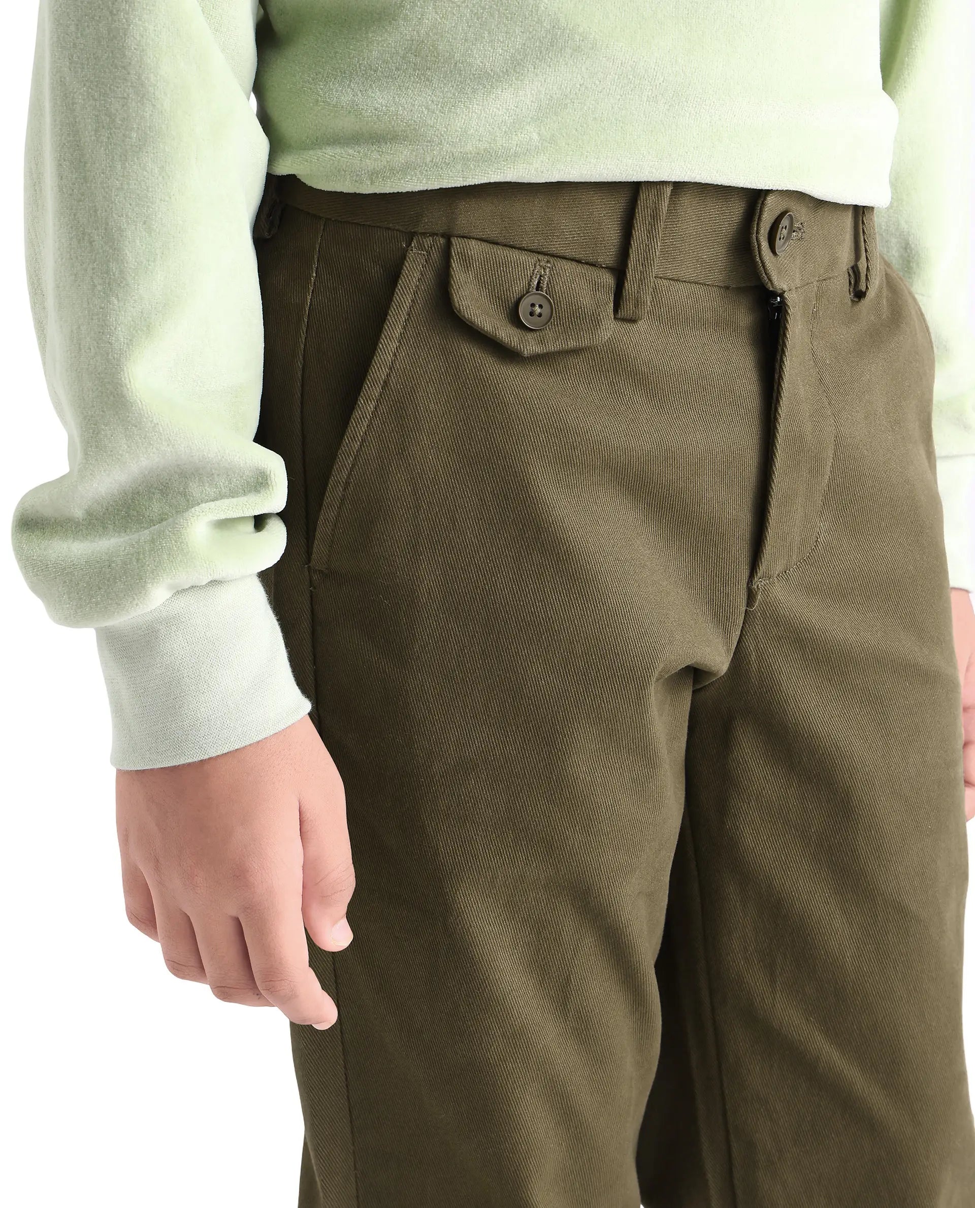 Rare Ones Kids Arne-K Olive Cotton Solid Button Closure Regular Fit Trouser