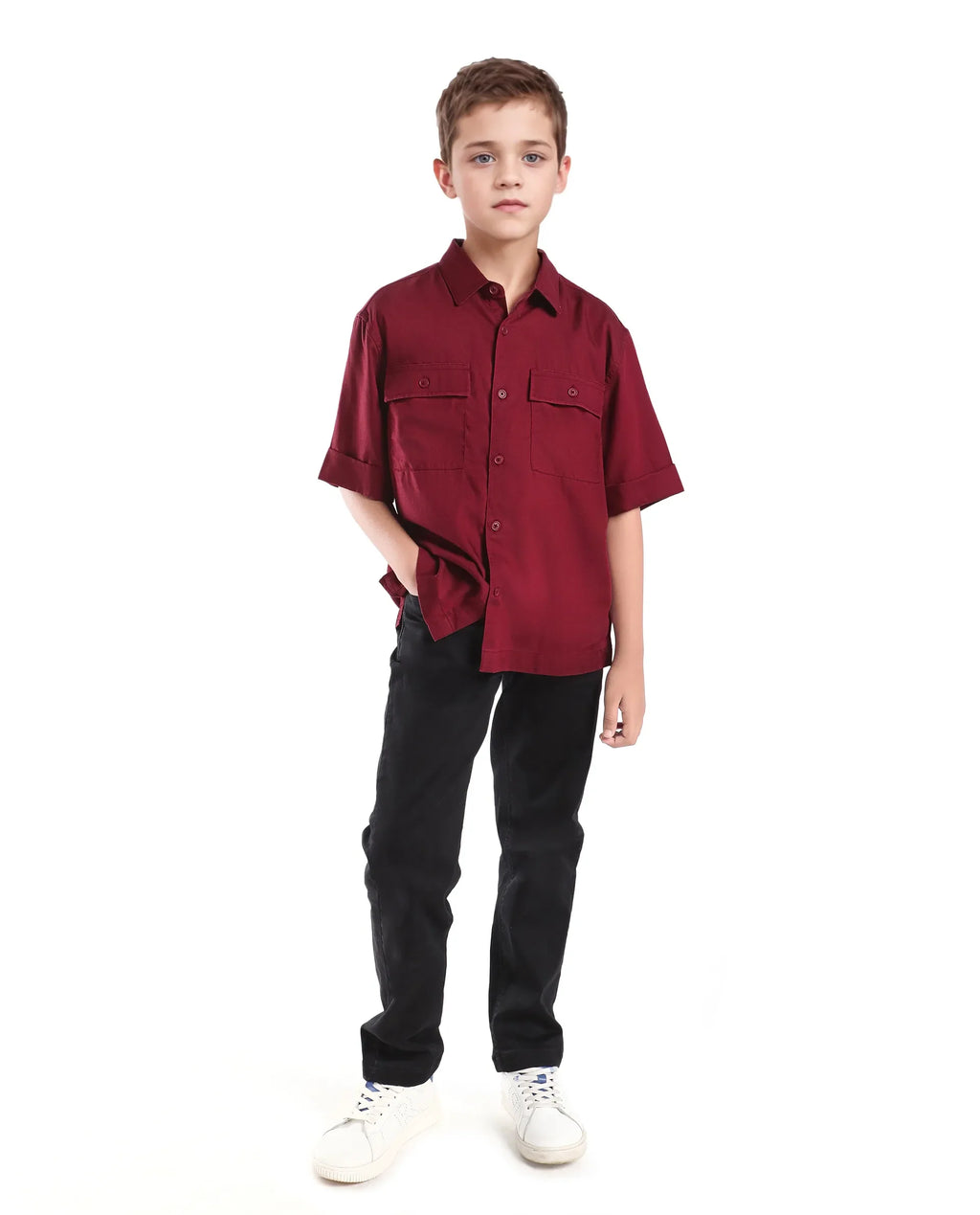 Rare Ones Kids Glin-S Red Polyester Blend Solid Button Closure Boxy Fit Shirt
